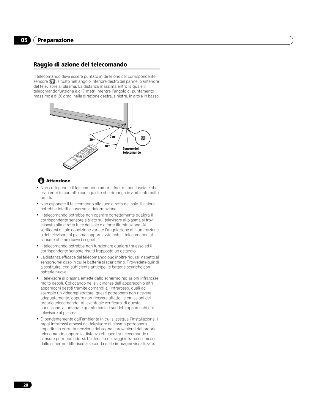 Pioneer PDP-4270XA operating instructions Preparazione Raggio di azione del telecomando, 30 º Attenzione 