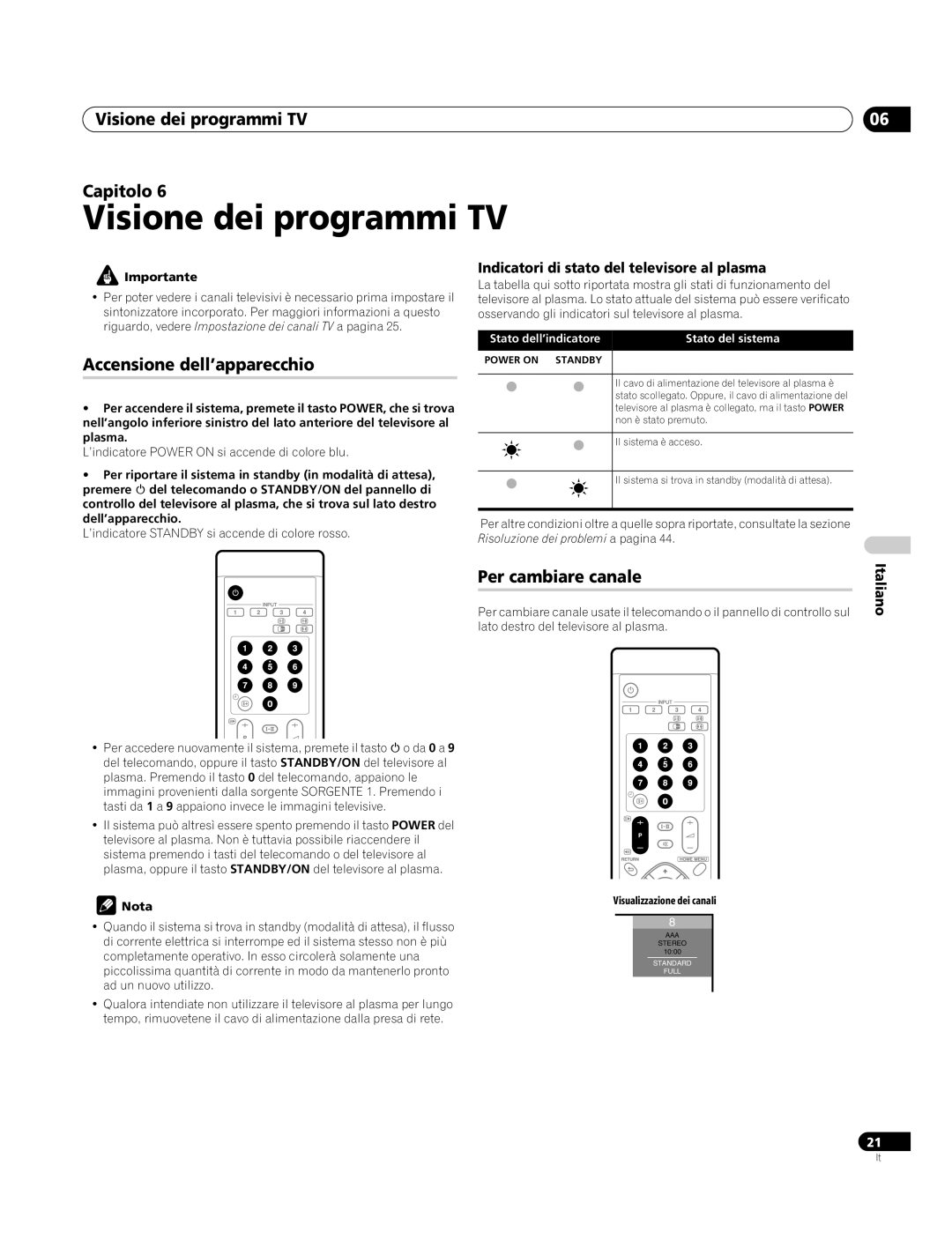 Pioneer PDP-4270XA Visione dei programmi TV Capitolo, Accensione dell’apparecchio, Per cambiare canale 