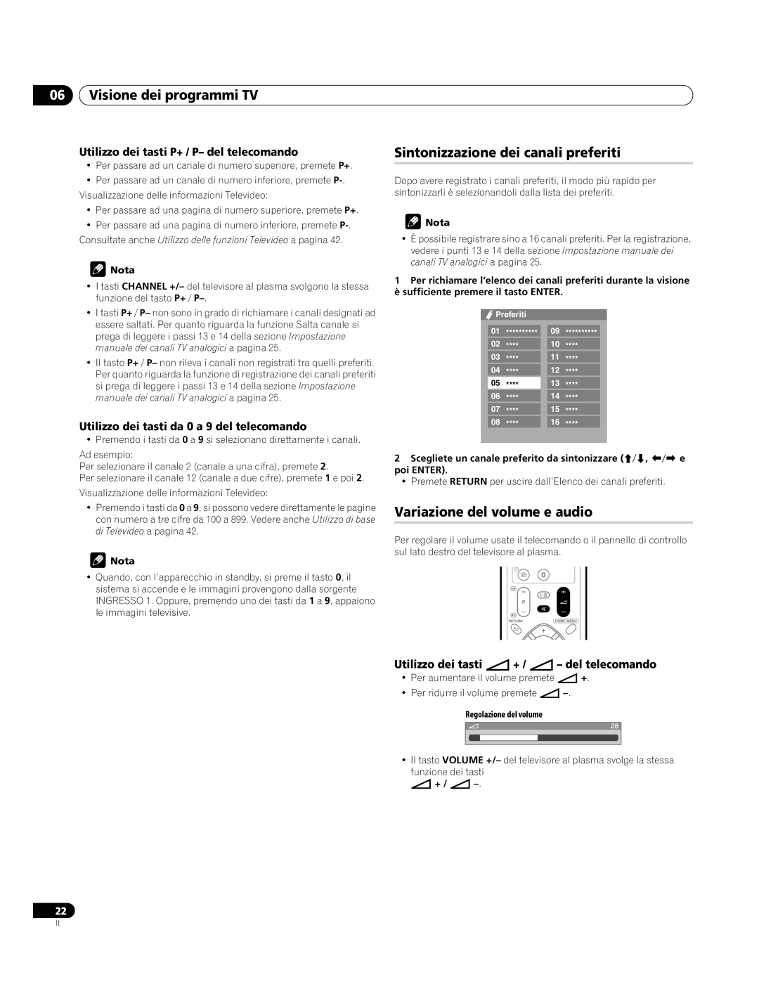 Pioneer PDP-4270XA Visione dei programmi TV, Sintonizzazione dei canali preferiti, Variazione del volume e audio 