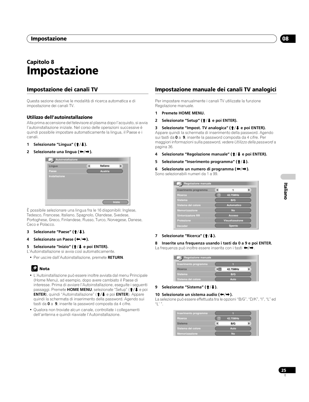 Pioneer PDP-4270XA Impostazione Capitolo, Impostazione dei canali TV, Impostazione manuale dei canali TV analogici 