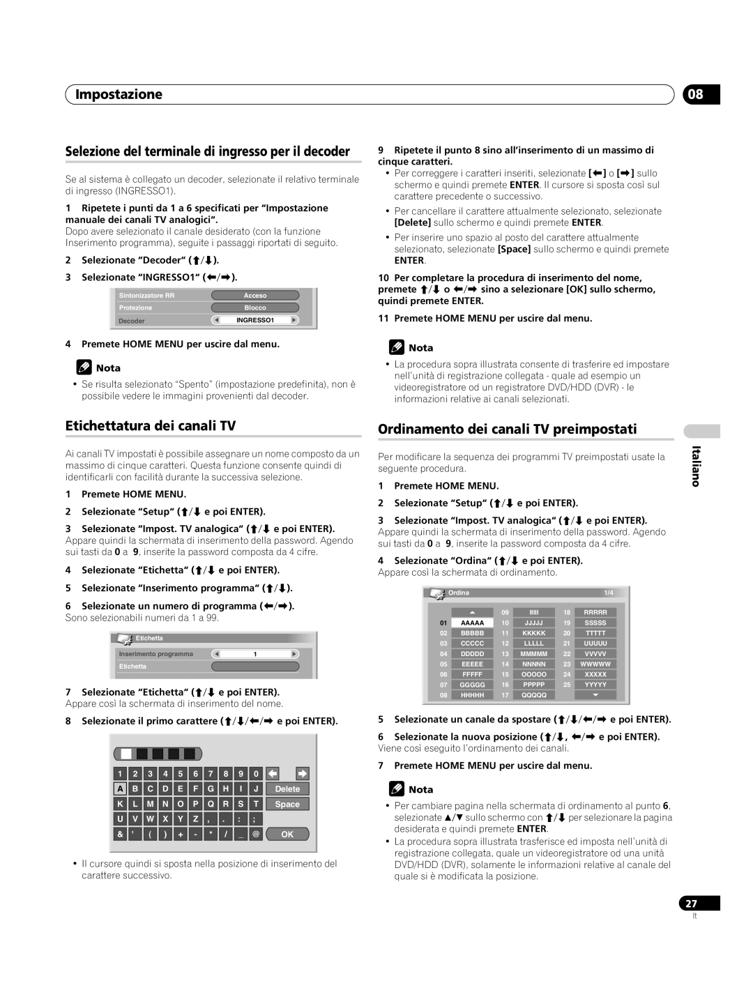 Pioneer PDP-4270XA operating instructions Etichettatura dei canali TV, Ordinamento dei canali TV preimpostati 