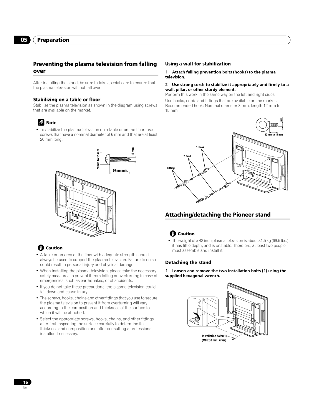 Pioneer PDP-4270XA Attaching/detaching the Pioneer stand, Stabilizing on a table or floor, Using a wall for stabilization 