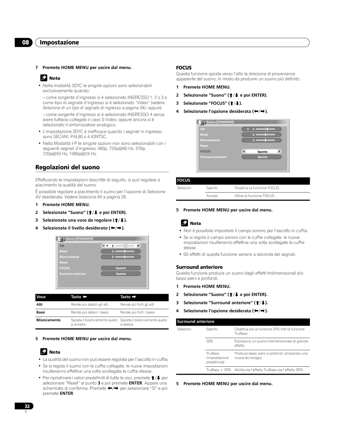 Pioneer PDP-4270XA operating instructions Regolazioni del suono, Surround anteriore 