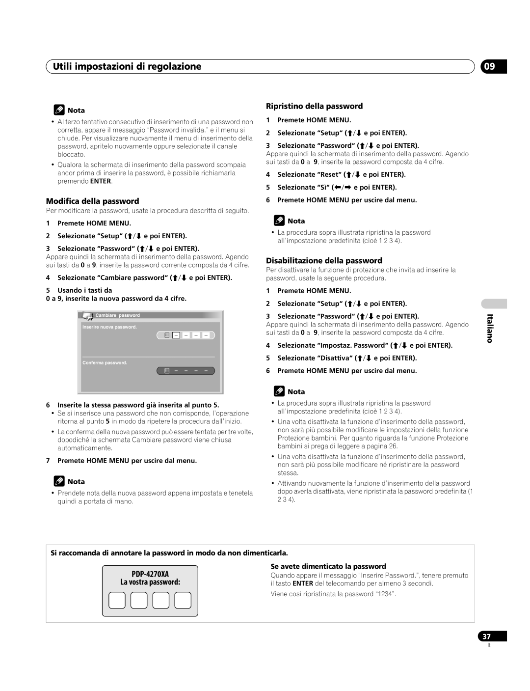 Pioneer PDP-4270XA Modifica della password, Ripristino della password, Disabilitazione della password 