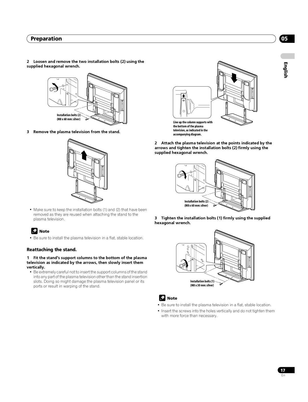 Pioneer PDP-4270XA operating instructions Preparation, Reattaching the stand, Remove the plasma television from the stand 