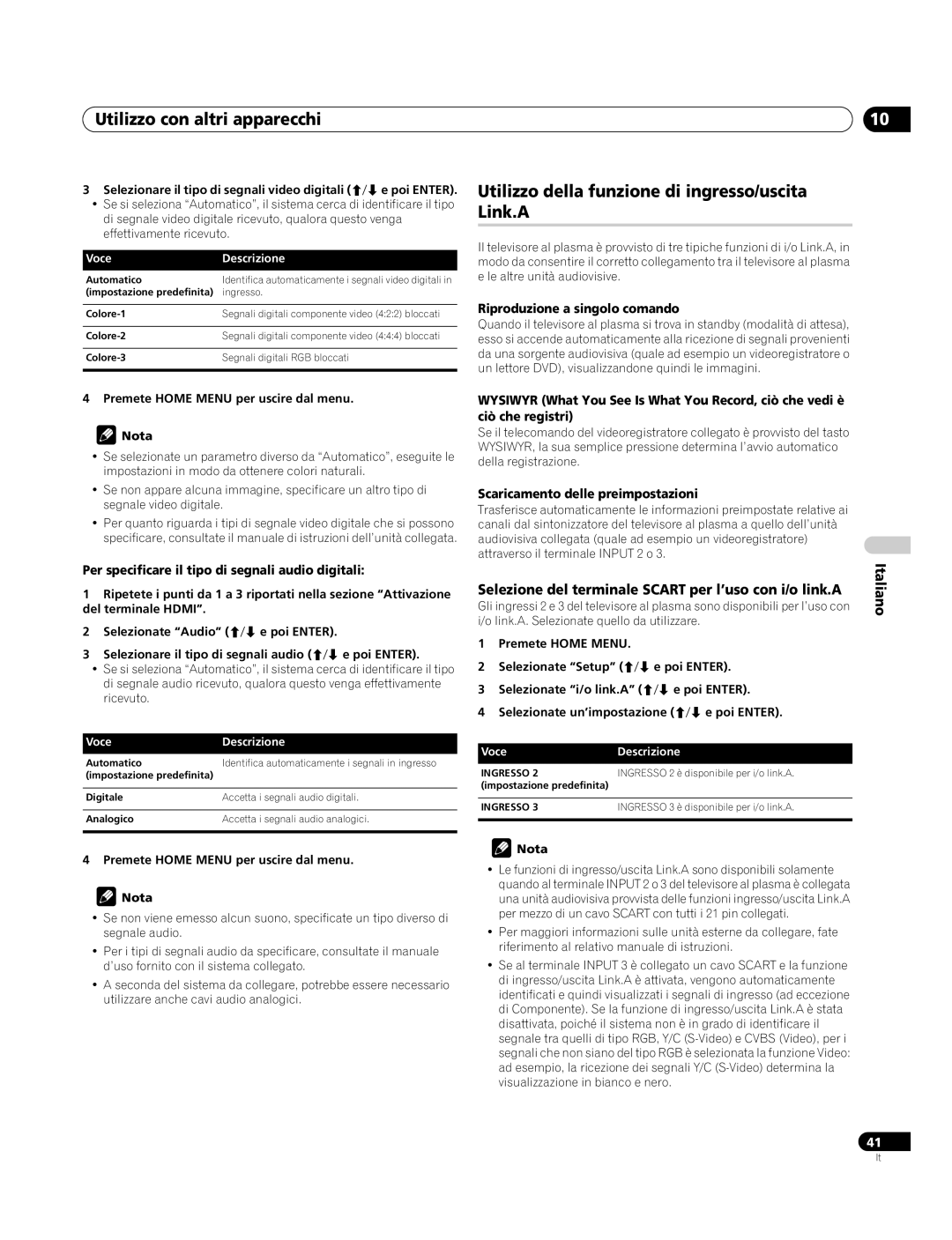 Pioneer PDP-4270XA operating instructions Utilizzo con altri apparecchi, Utilizzo della funzione di ingresso/uscita Link.A 