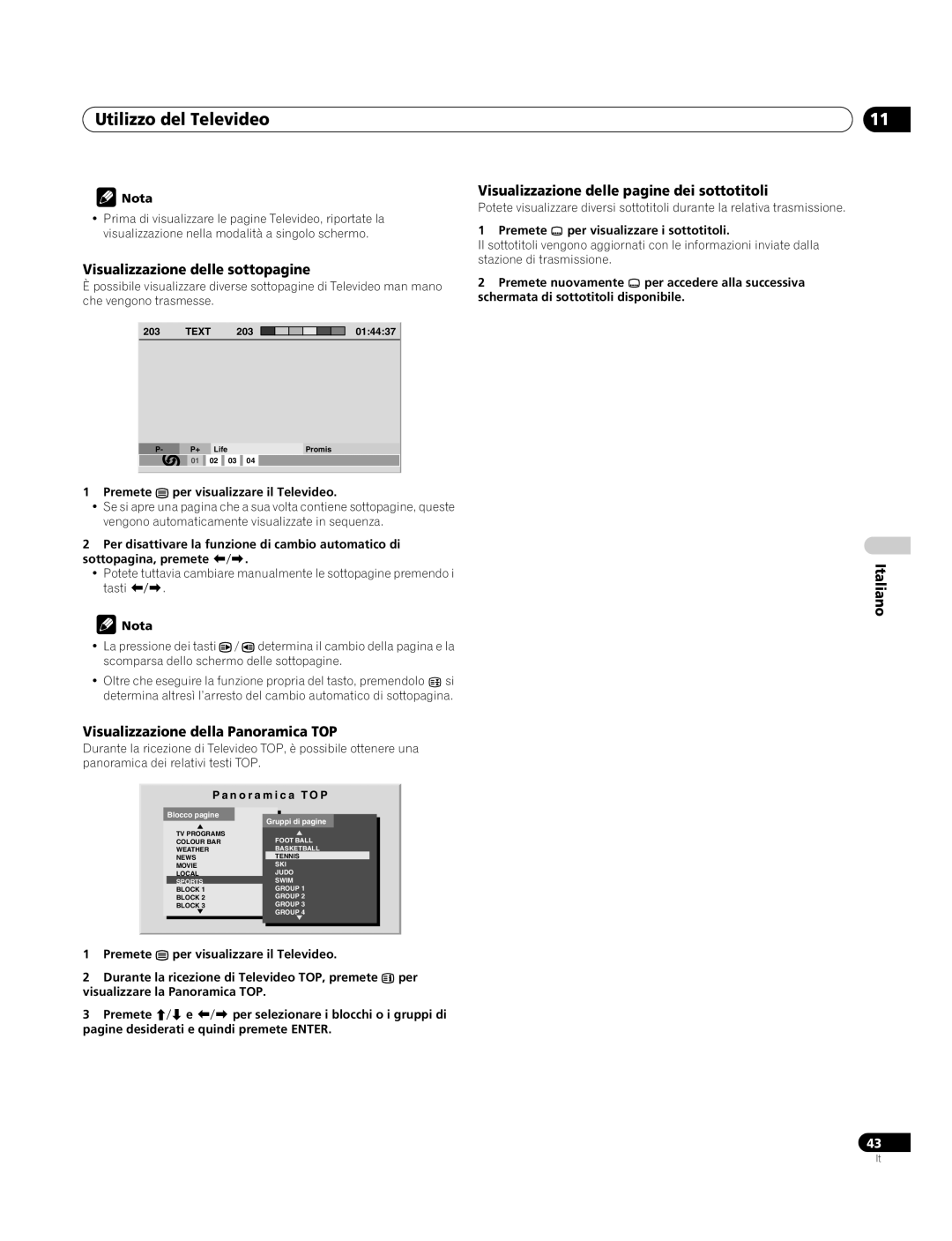 Pioneer PDP-4270XA Utilizzo del Televideo, Visualizzazione delle sottopagine, Visualizzazione della Panoramica TOP 