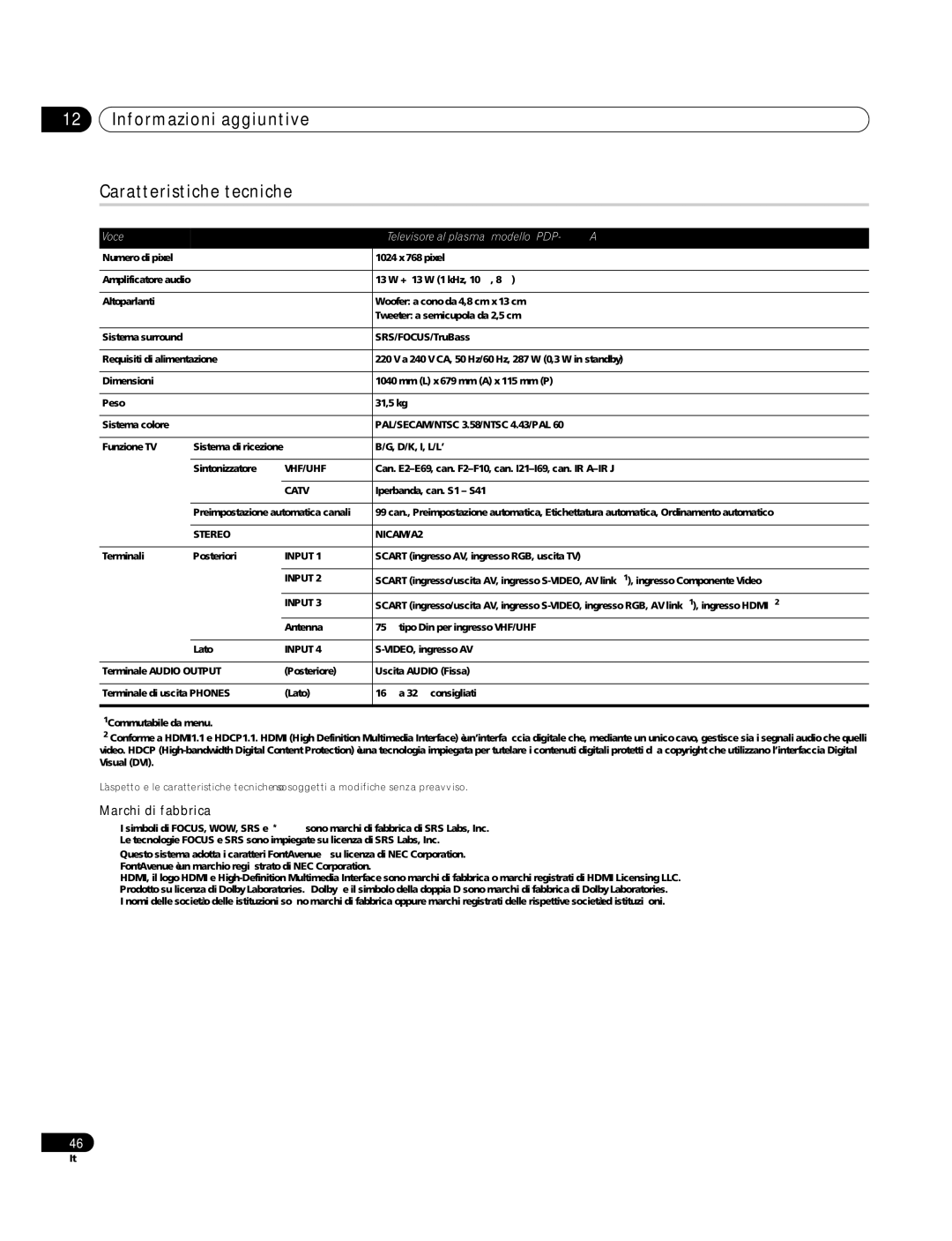 Pioneer PDP-4270XA operating instructions Informazioni aggiuntive Caratteristiche tecniche, Marchi di fabbrica 