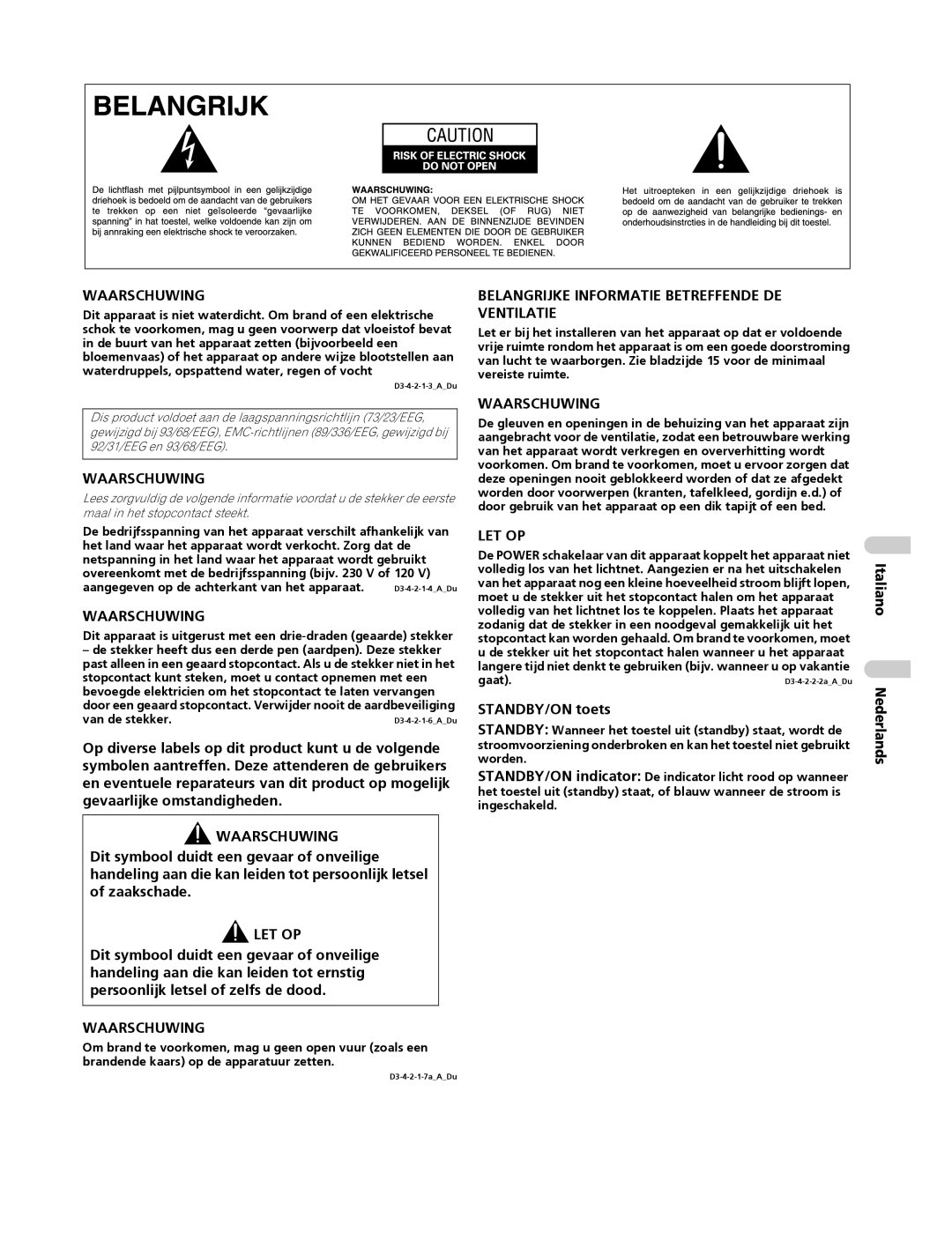 Pioneer PDP-4270XA operating instructions STANDBY/ON toets, Italiano Nederlands, Van de stekker 