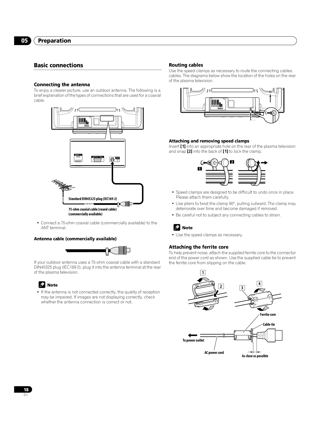 Pioneer PDP-4270XA Preparation Basic connections, Connecting the antenna, Routing cables, Attaching the ferrite core 