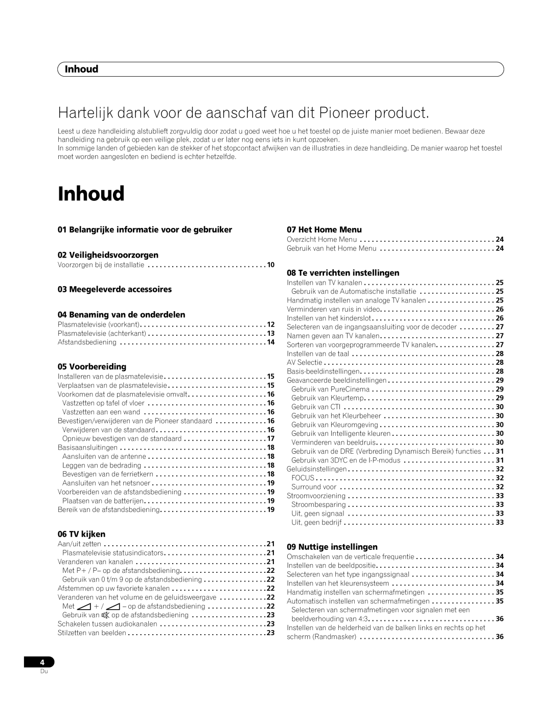 Pioneer PDP-4270XA operating instructions Inhoud 