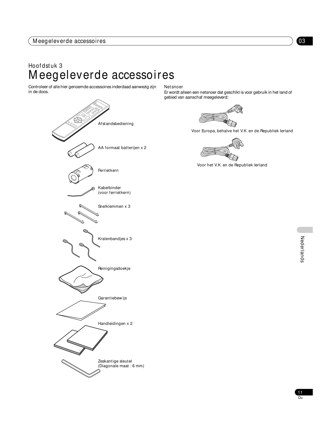 Pioneer PDP-4270XA Meegeleverde accessoires Hoofdstuk, Netsnoer, Afstandsbediening AA formaat batterijen x Ferrietkern 