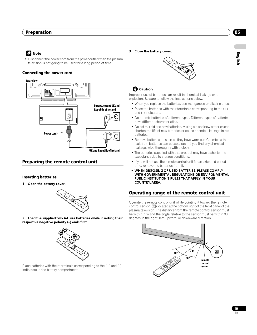 Pioneer PDP-4270XA Preparing the remote control unit, Operating range of the remote control unit, Inserting batteries 