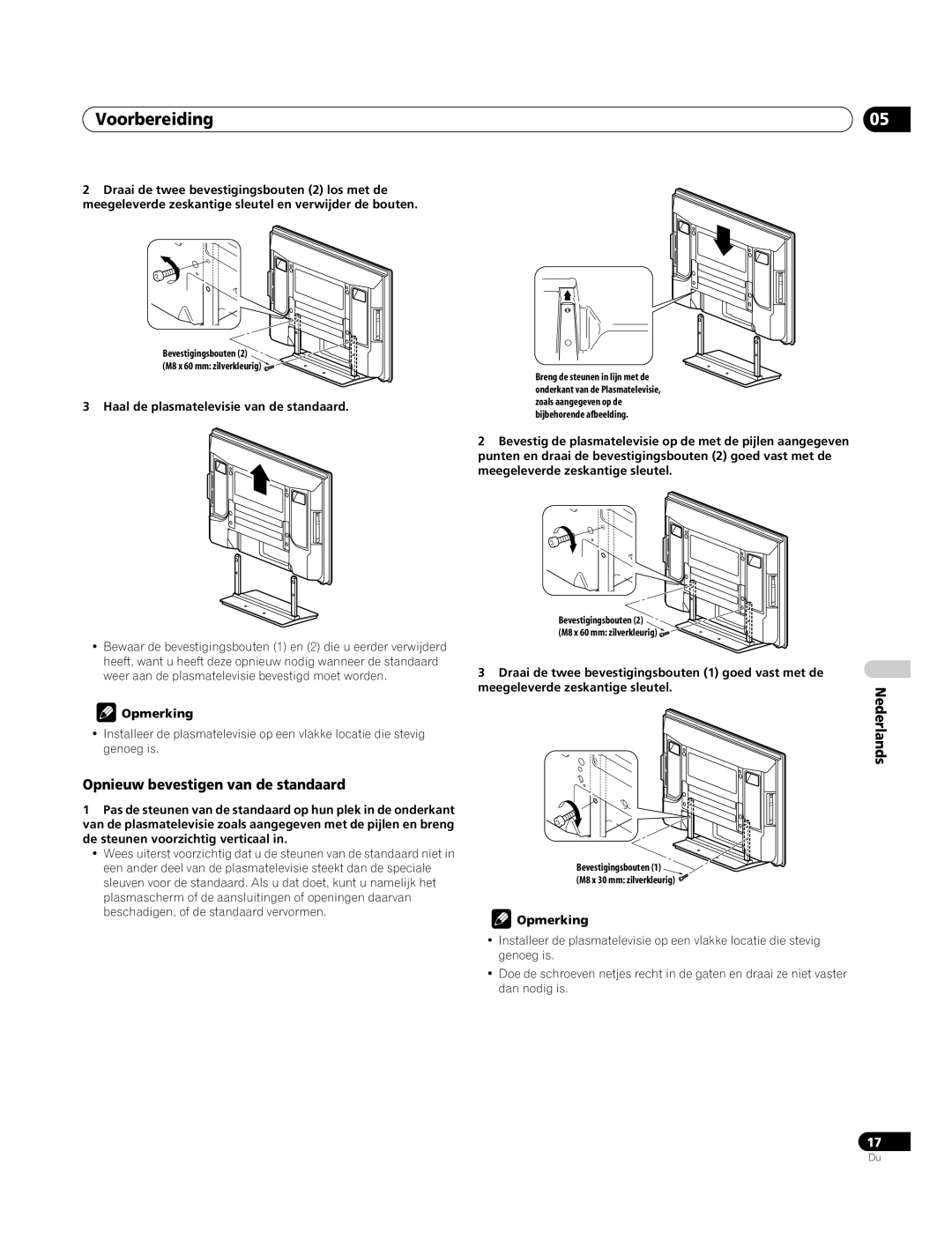 Pioneer PDP-4270XA Voorbereiding, Opnieuw bevestigen van de standaard, Haal de plasmatelevisie van de standaard 