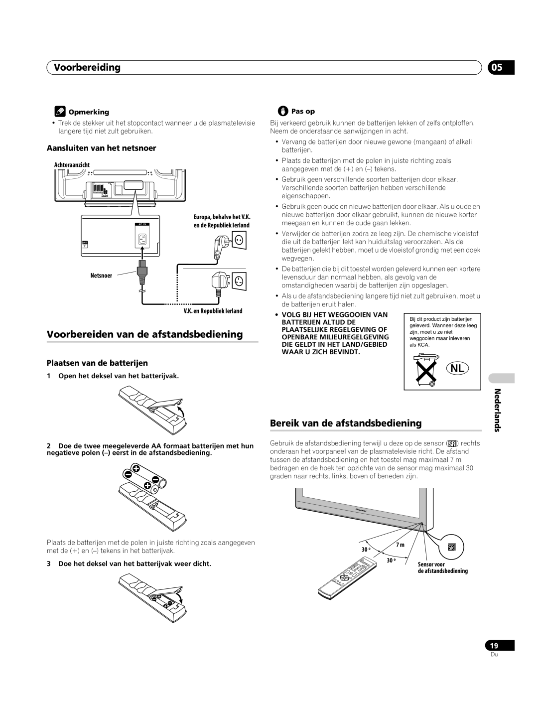 Pioneer PDP-4270XA Voorbereiden van de afstandsbediening, Bereik van de afstandsbediening, Aansluiten van het netsnoer 