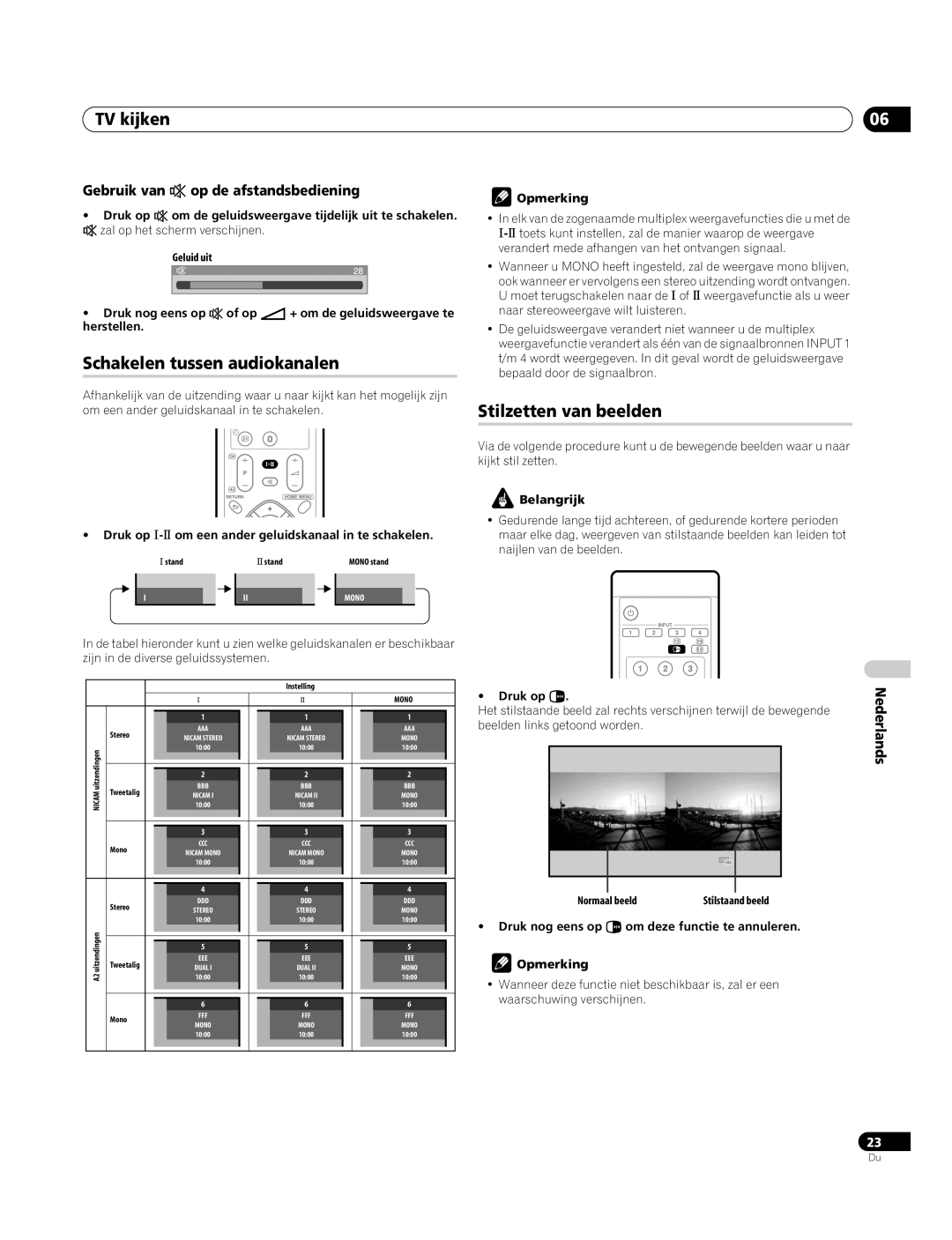 Pioneer PDP-4270XA Schakelen tussen audiokanalen, Stilzetten van beelden, Gebruik van e op de afstandsbediening 