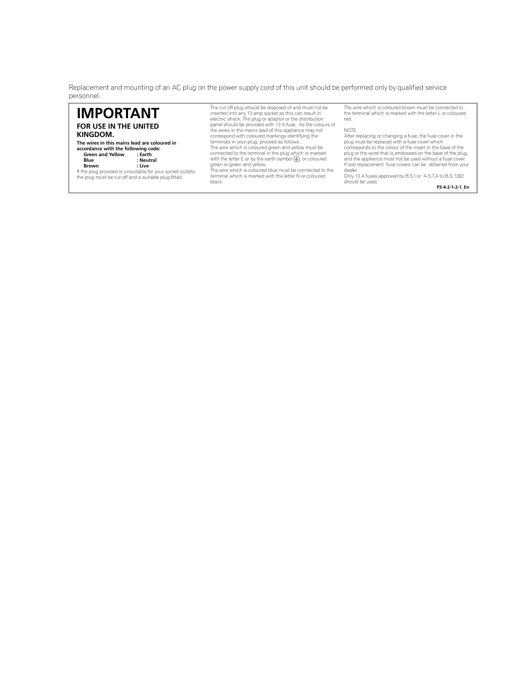 Pioneer PDP-4270XA operating instructions For USE in the United Kingdom 