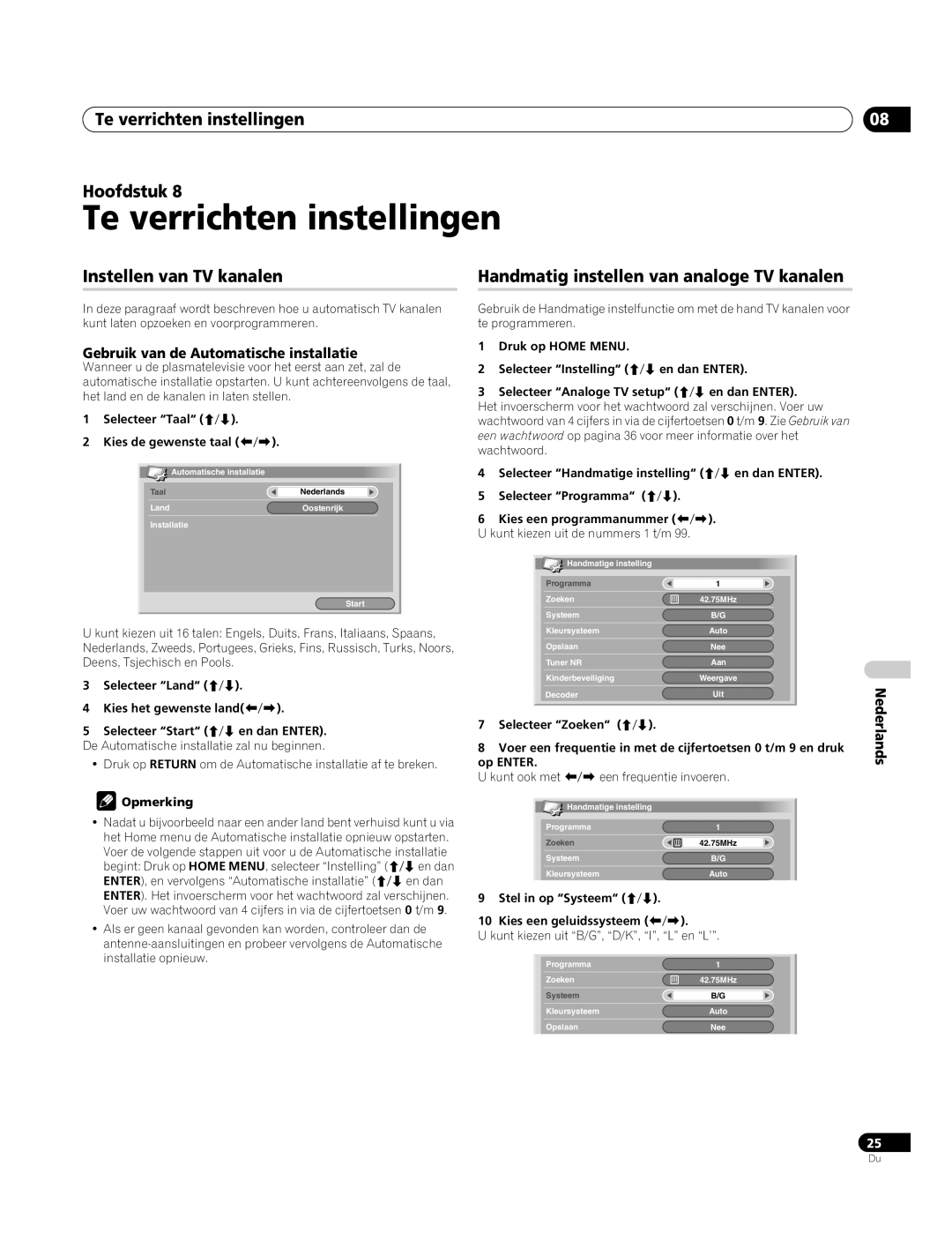 Pioneer PDP-4270XA operating instructions Te verrichten instellingen Hoofdstuk, Instellen van TV kanalen 