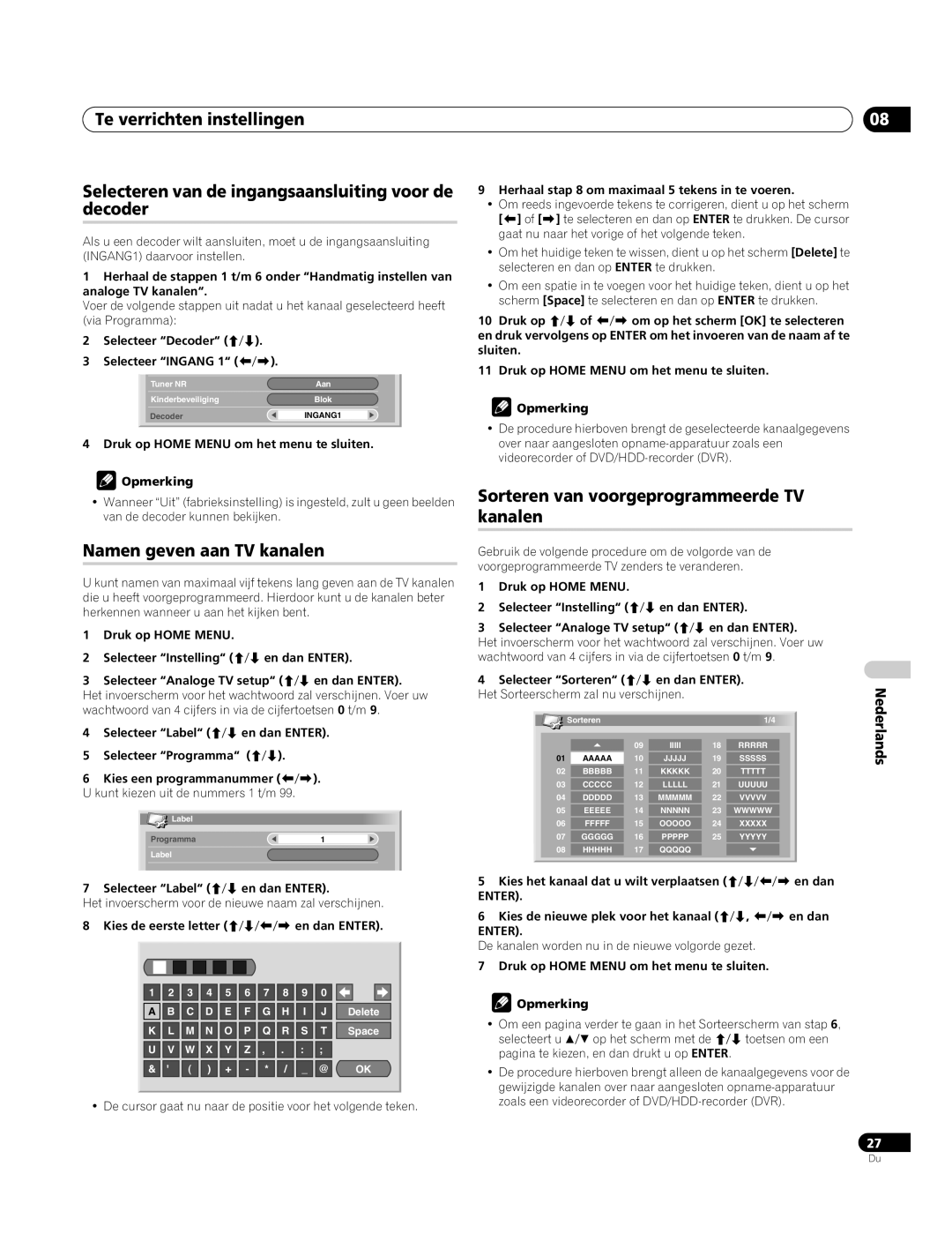 Pioneer PDP-4270XA operating instructions Namen geven aan TV kanalen, Sorteren van voorgeprogrammeerde TV kanalen 