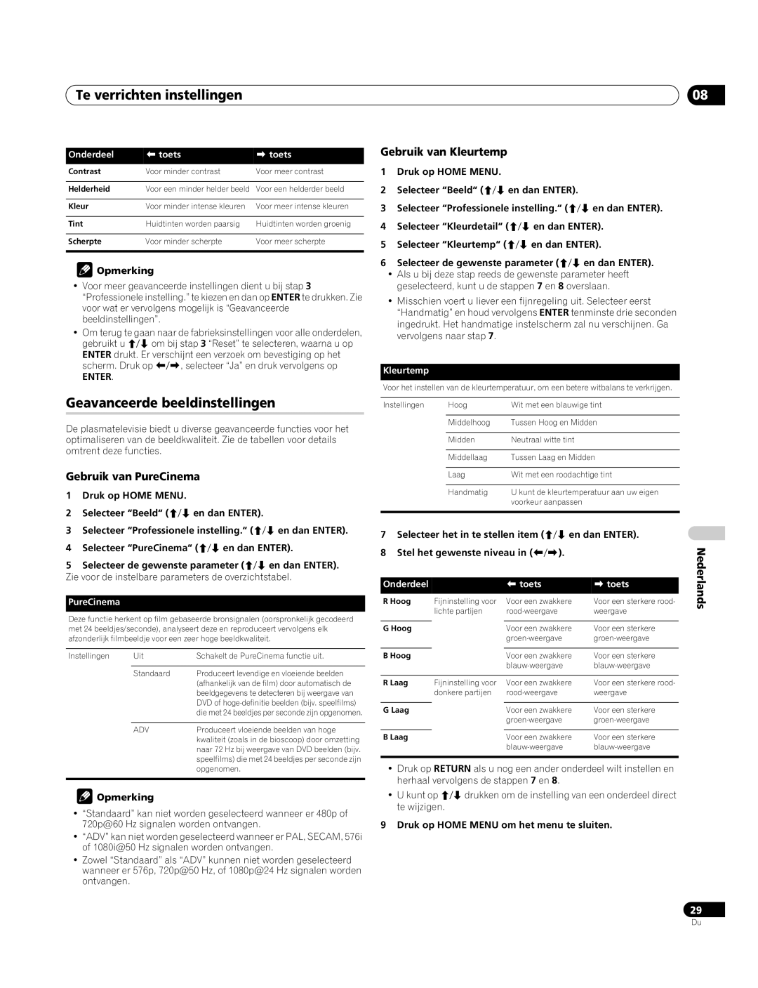 Pioneer PDP-4270XA operating instructions Geavanceerde beeldinstellingen, Gebruik van PureCinema, Gebruik van Kleurtemp 