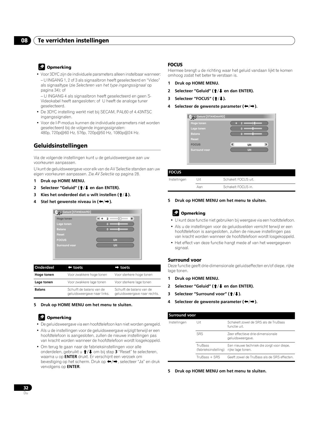 Pioneer PDP-4270XA operating instructions Geluidsinstellingen, Surround voor 