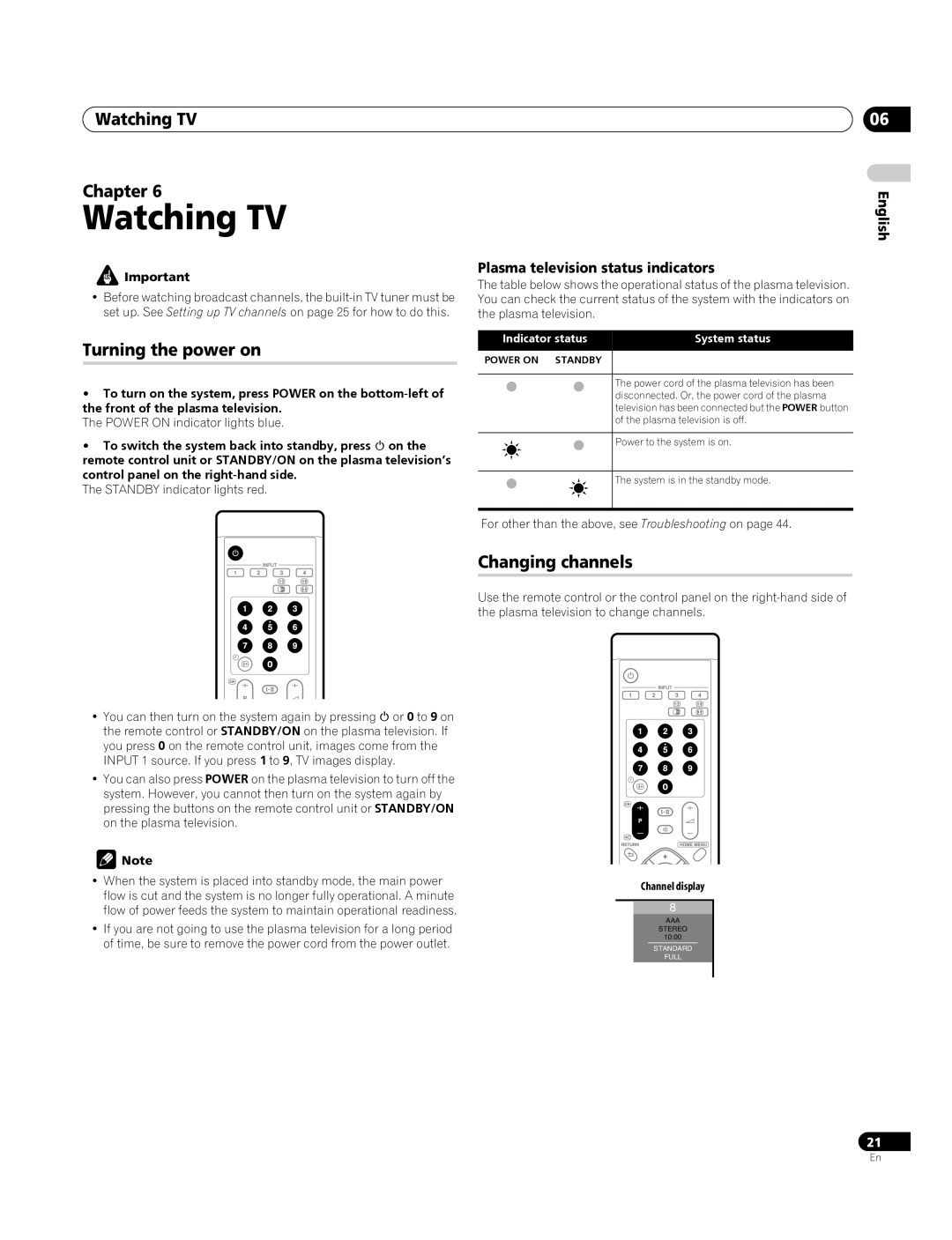 Pioneer PDP-4270XA Watching TV Chapter, Turning the power on, Changing channels, Plasma television status indicators 