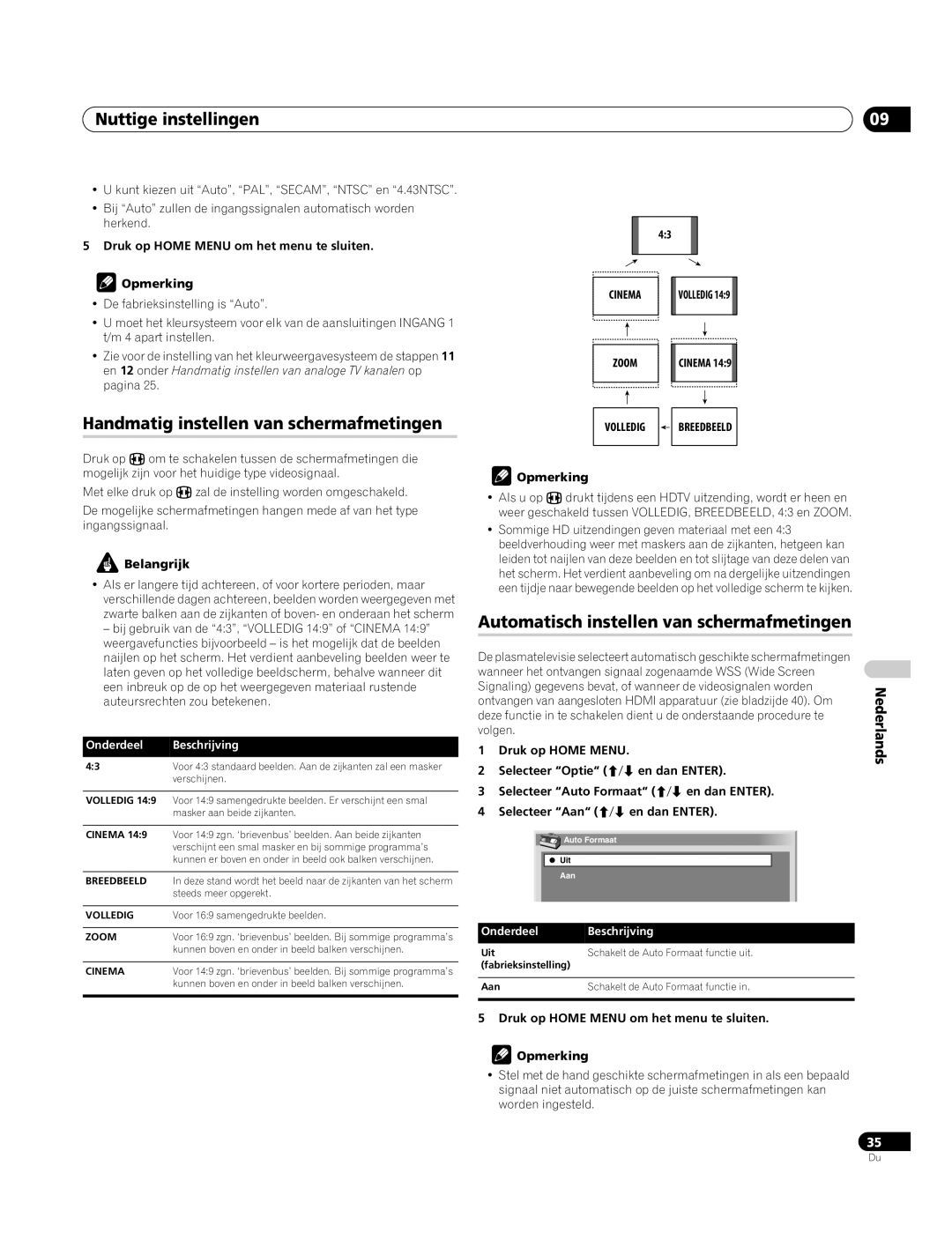 Pioneer PDP-4270XA operating instructions Nuttige instellingen, Handmatig instellen van schermafmetingen 