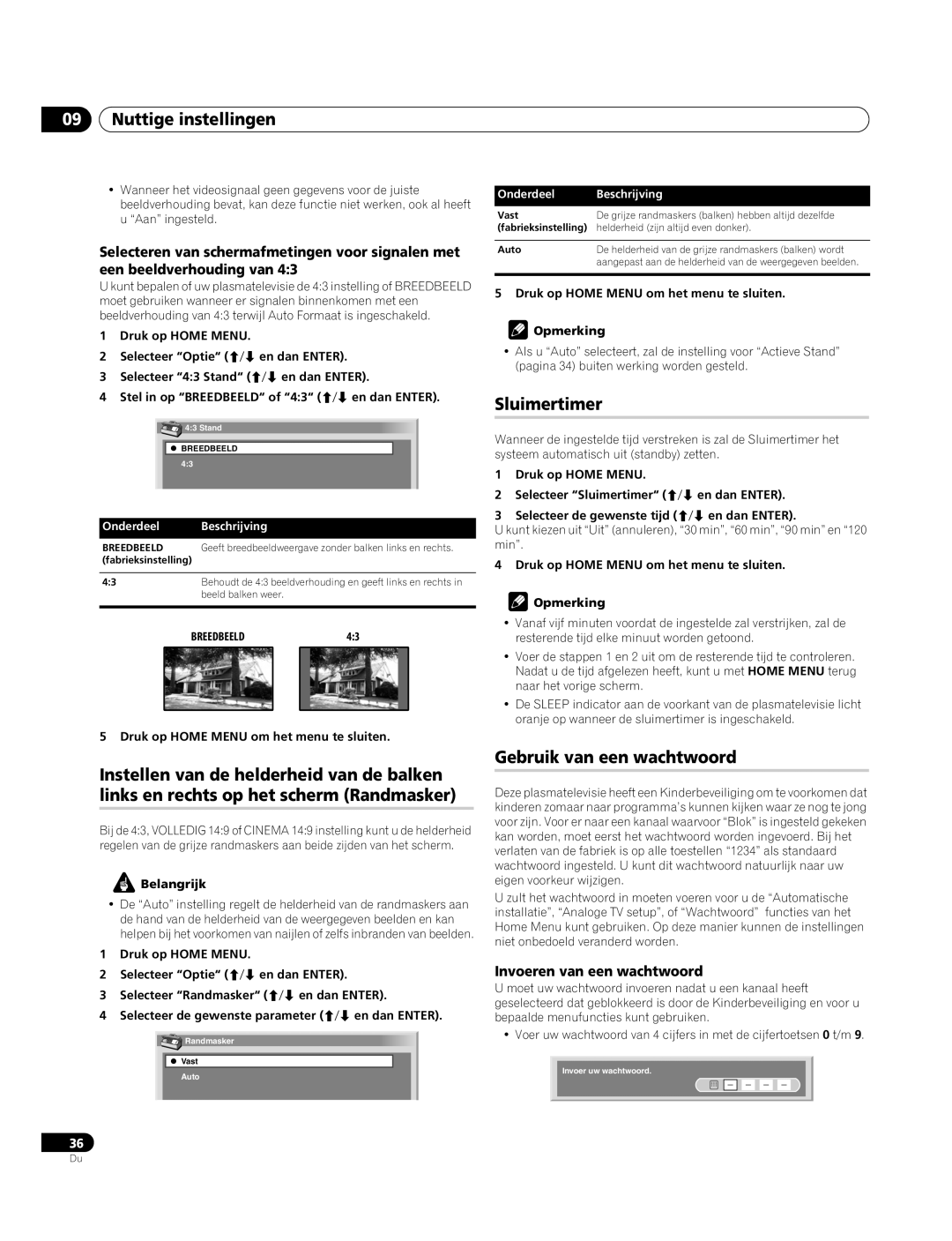 Pioneer PDP-4270XA operating instructions Sluimertimer, Gebruik van een wachtwoord, Invoeren van een wachtwoord, Vast 