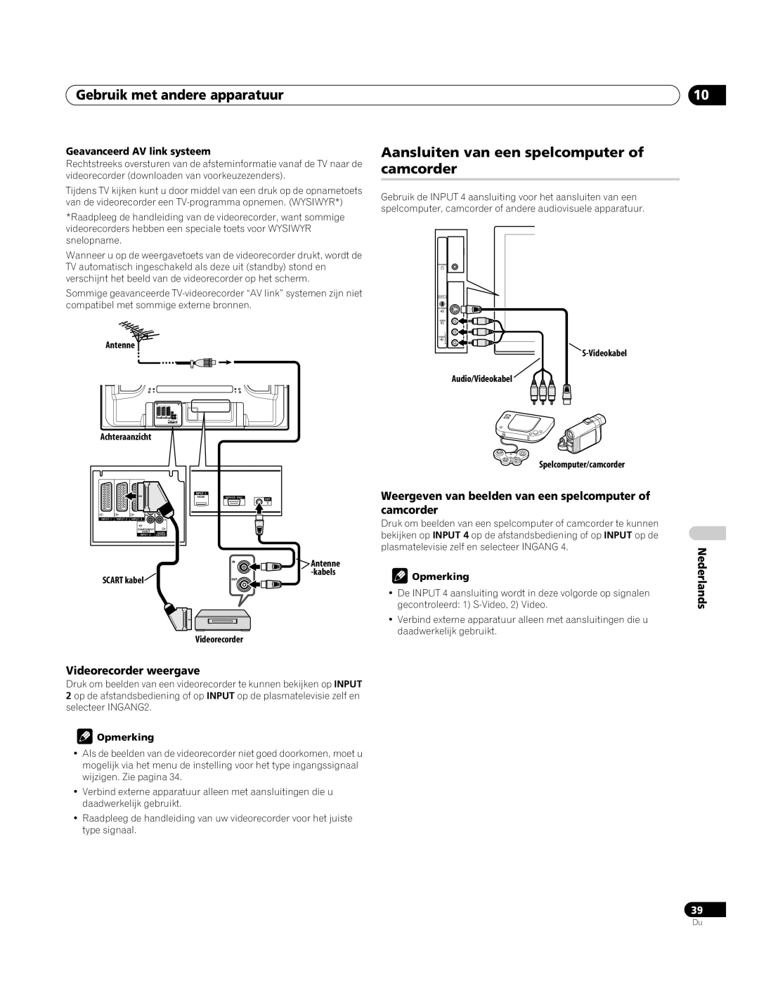 Pioneer PDP-4270XA Gebruik met andere apparatuur, Aansluiten van een spelcomputer of camcorder, Videorecorder weergave 