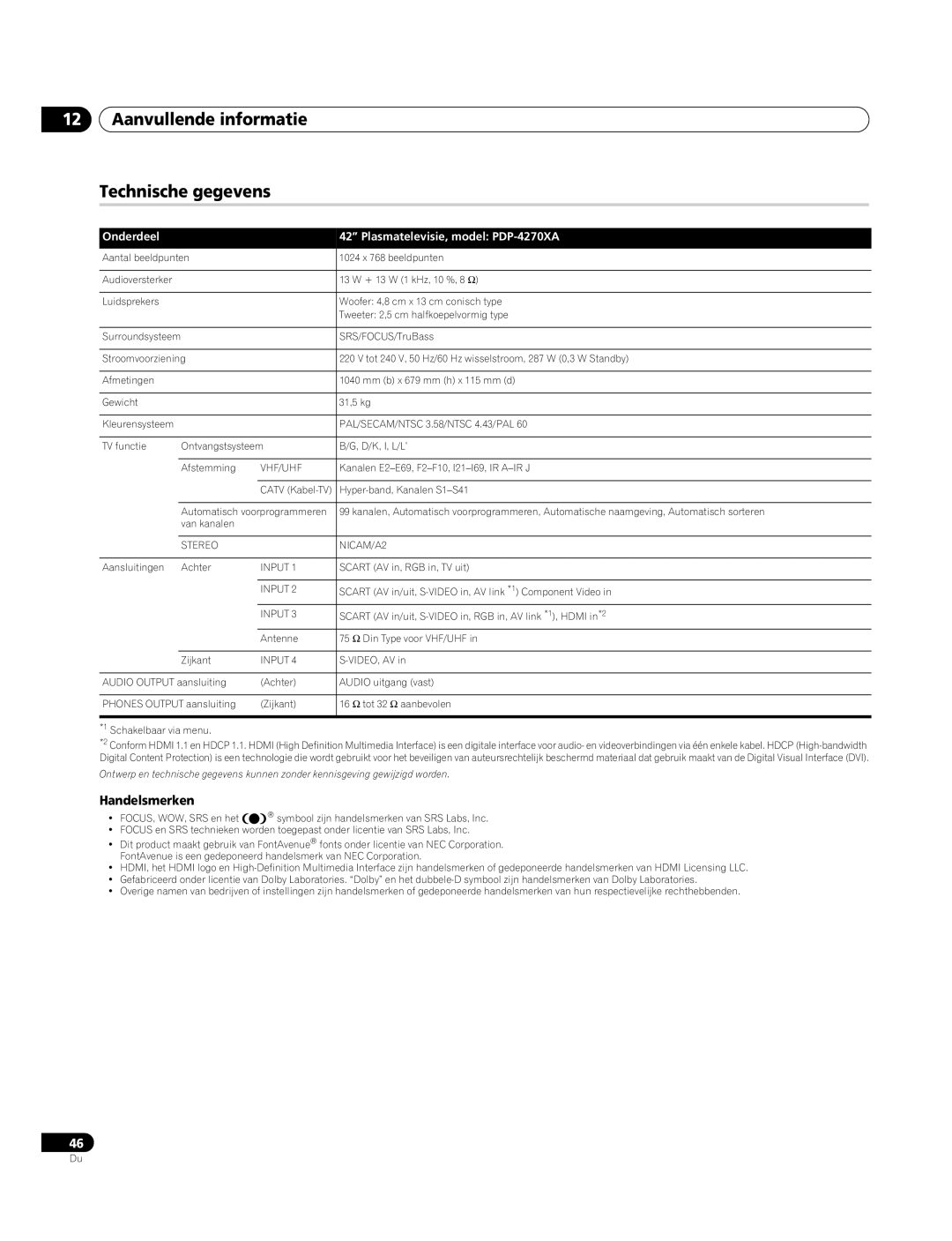 Pioneer Aanvullende informatie Technische gegevens, Handelsmerken, Onderdeel Plasmatelevisie, model PDP-4270XA 