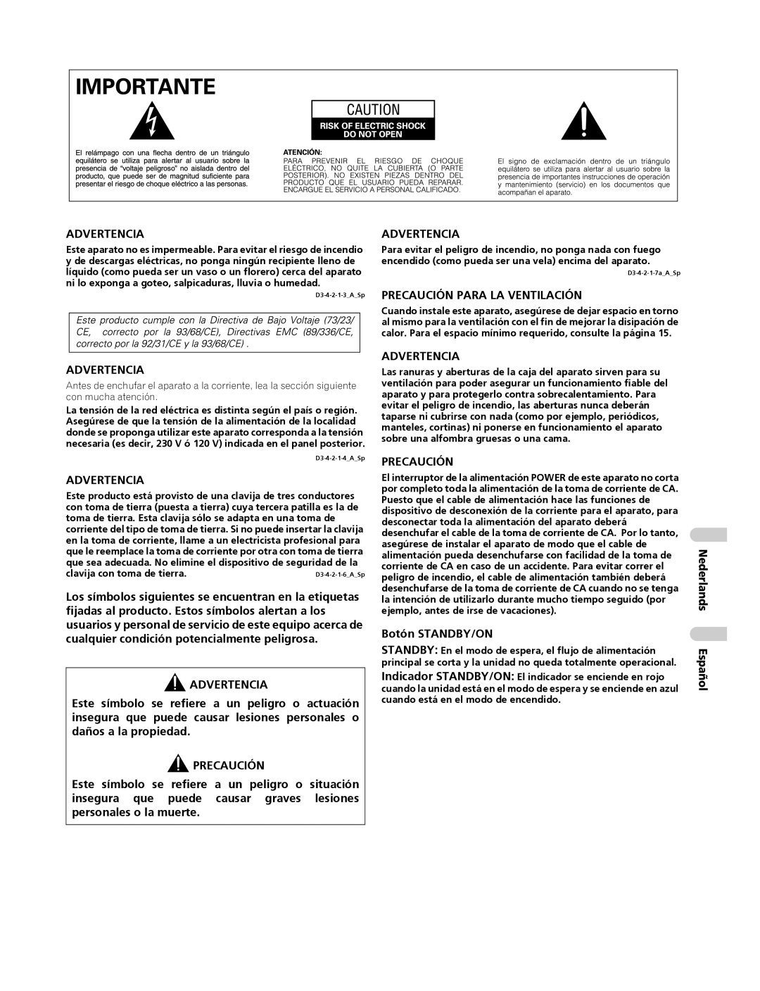 Pioneer PDP-4270XA operating instructions Botón STANDBY/ON, Nederlands Español 