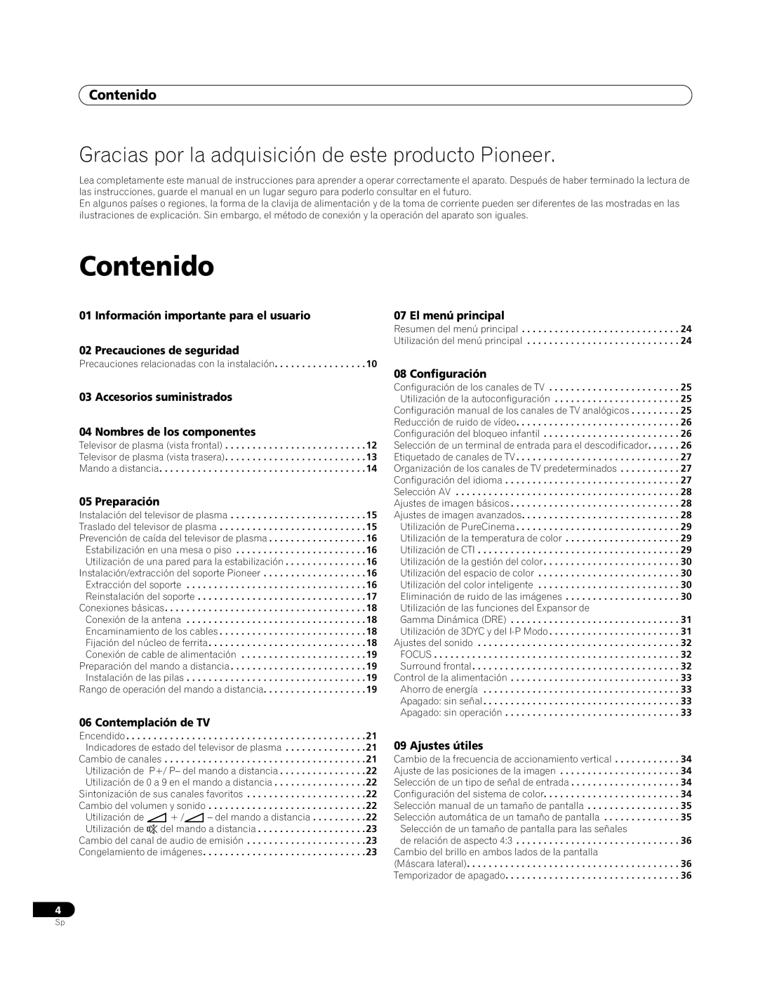 Pioneer PDP-4270XA operating instructions Contenido 