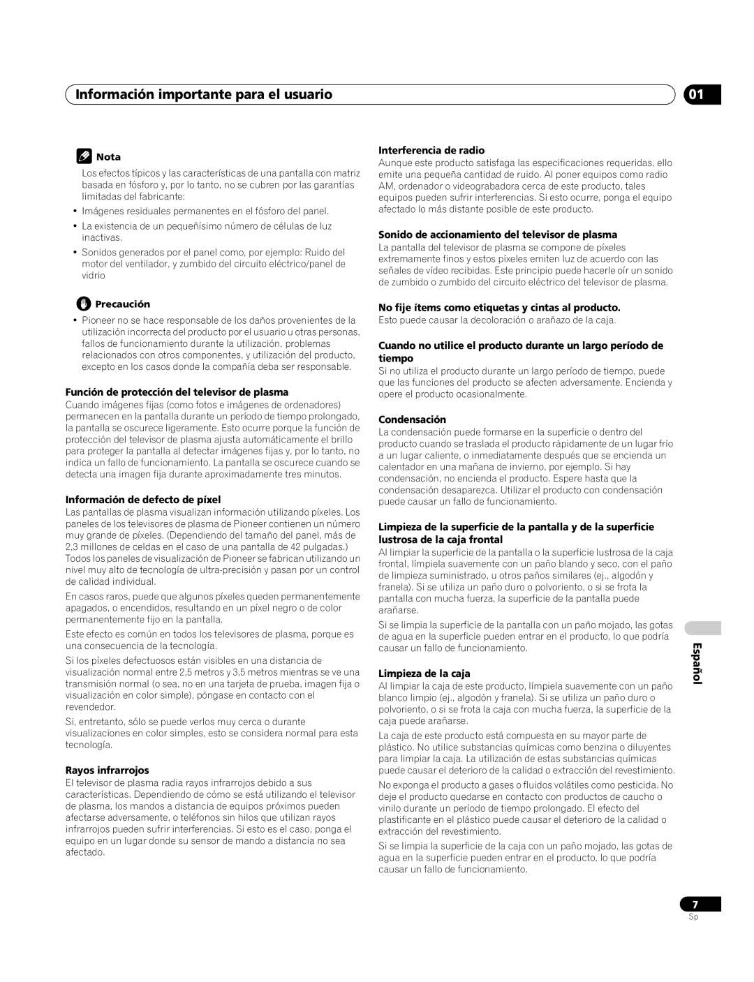 Pioneer PDP-4270XA operating instructions Información importante para el usuario 