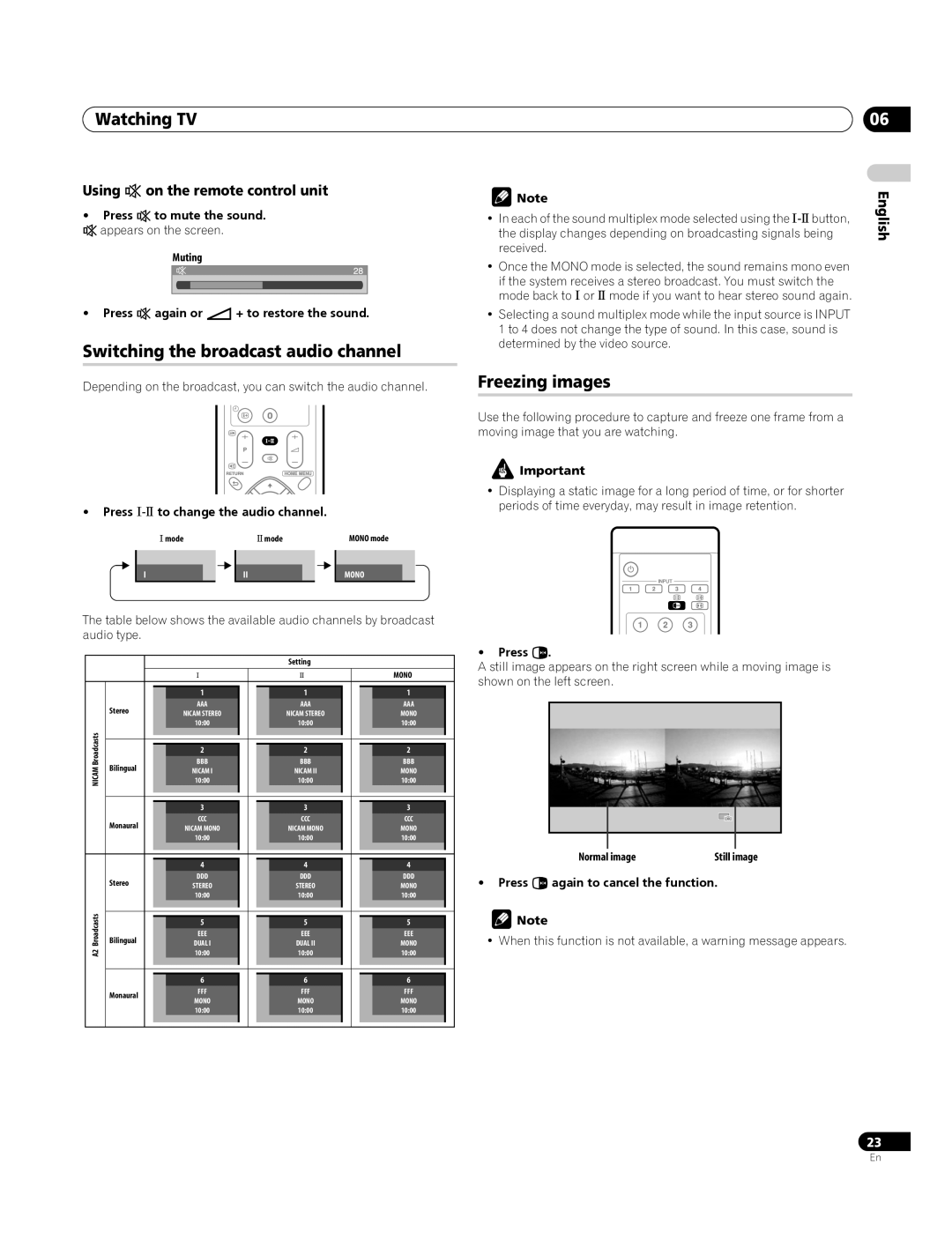 Pioneer PDP-4270XA Switching the broadcast audio channel, Freezing images, Using eon the remote control unit 