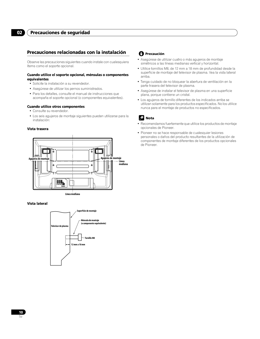 Pioneer PDP-4270XA operating instructions Cuando utilice otros componentes, Vista trasera, Vista lateral 