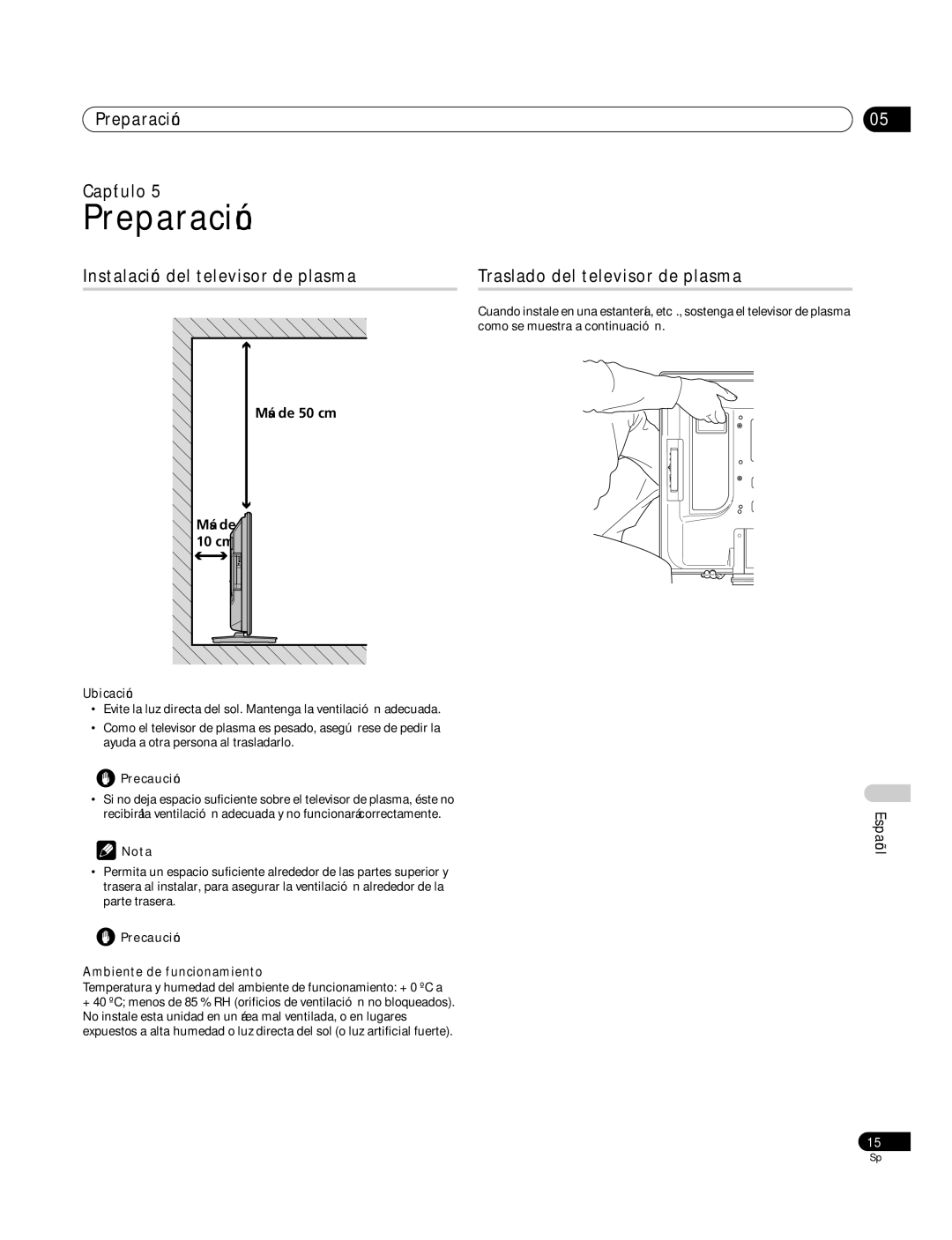 Pioneer PDP-4270XA operating instructions Preparación Capítulo, Más de 50 cm, Ubicación, Ambiente de funcionamiento 