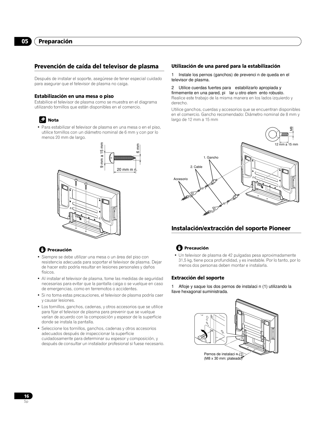 Pioneer PDP-4270XA Preparación Prevención de caída del televisor de plasma, Instalación/extracción del soporte Pioneer 