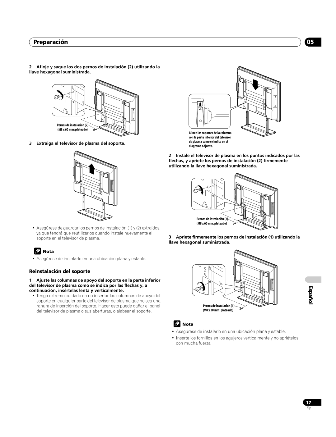 Pioneer PDP-4270XA Preparación, Reinstalación del soporte, Extraiga el televisor de plasma del soporte 