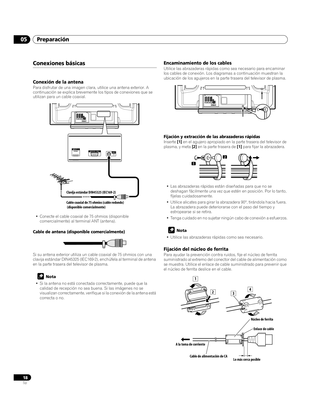 Pioneer PDP-4270XA Preparación Conexiones básicas, Conexión de la antena, Encaminamiento de los cables 