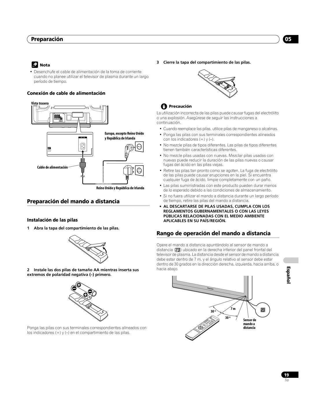 Pioneer PDP-4270XA Preparación del mando a distancia, Rango de operación del mando a distancia, Instalación de las pilas 