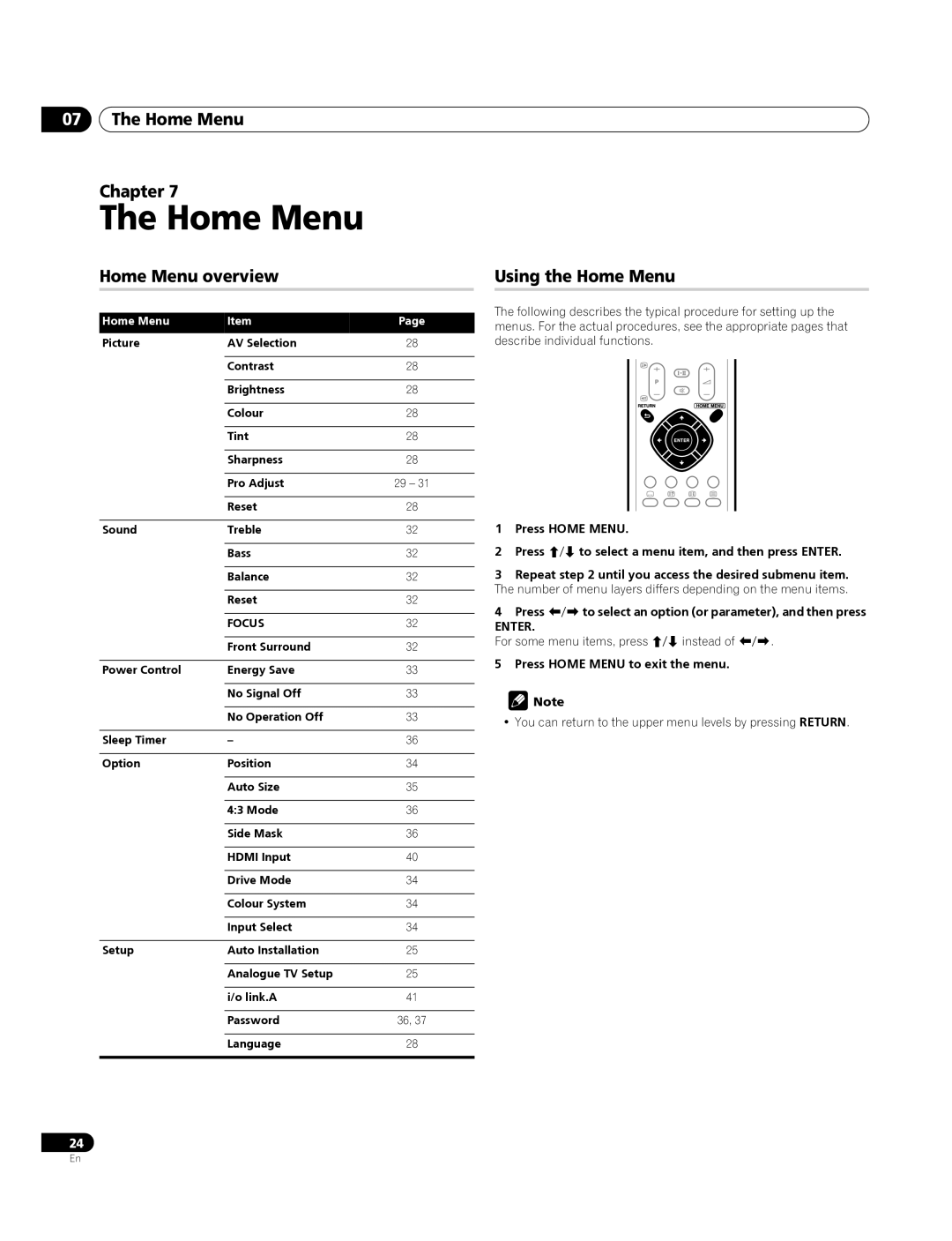 Pioneer PDP-4270XA operating instructions Home Menu Chapter, Home Menu overview, Using the Home Menu 