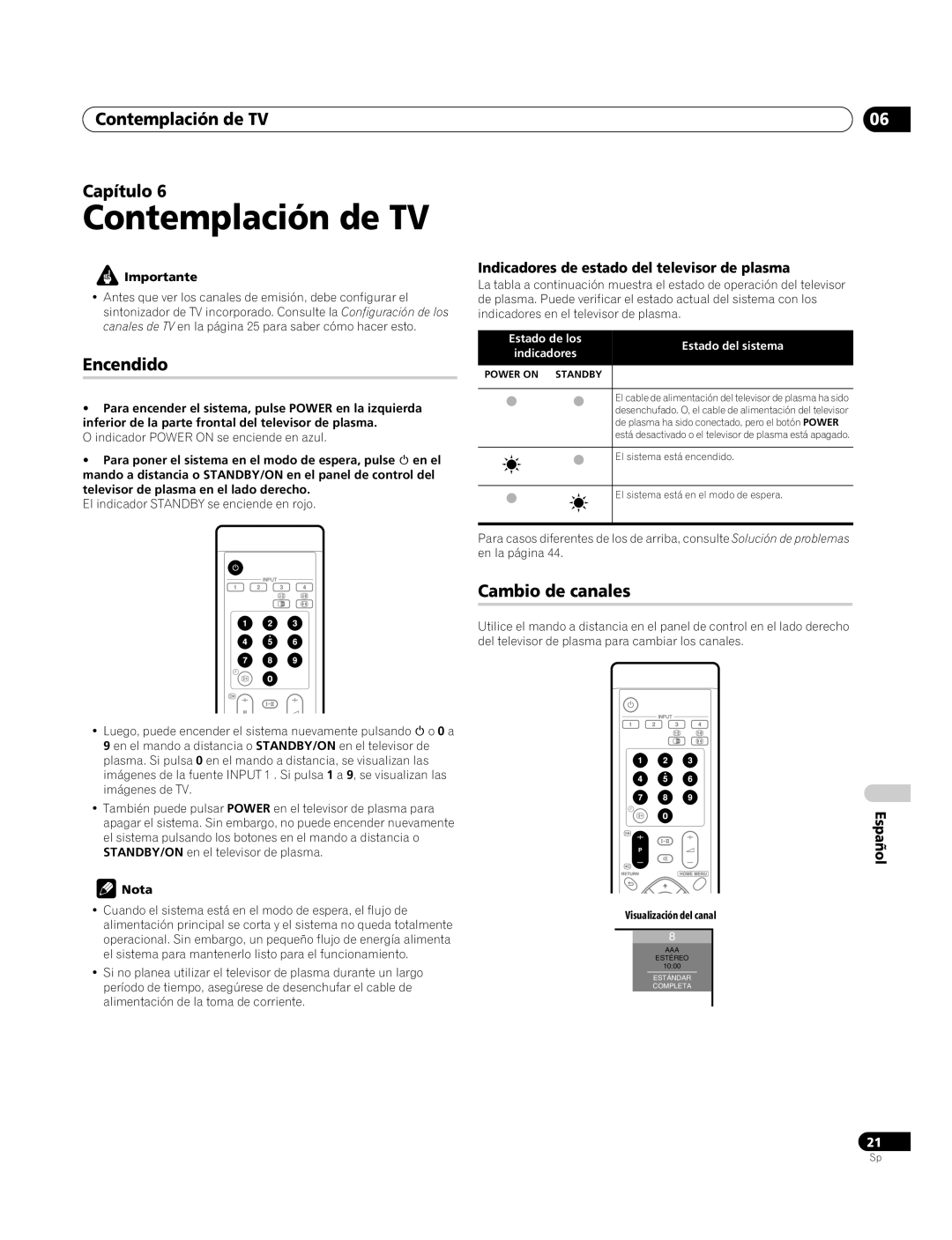 Pioneer PDP-4270XA operating instructions Contemplación de TV Capítulo, Encendido, Cambio de canales 