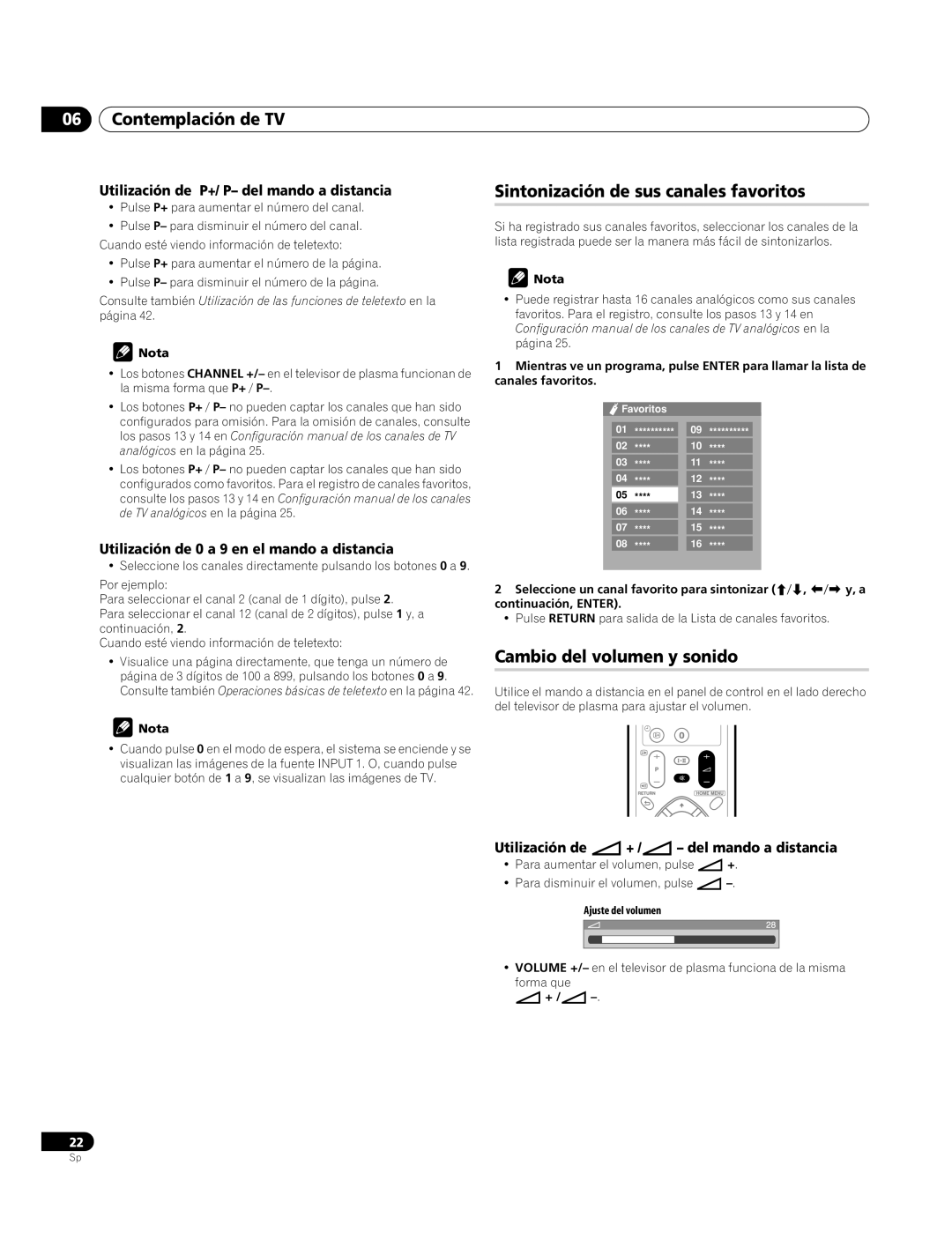 Pioneer PDP-4270XA Contemplación de TV, Sintonización de sus canales favoritos, Cambio del volumen y sonido 