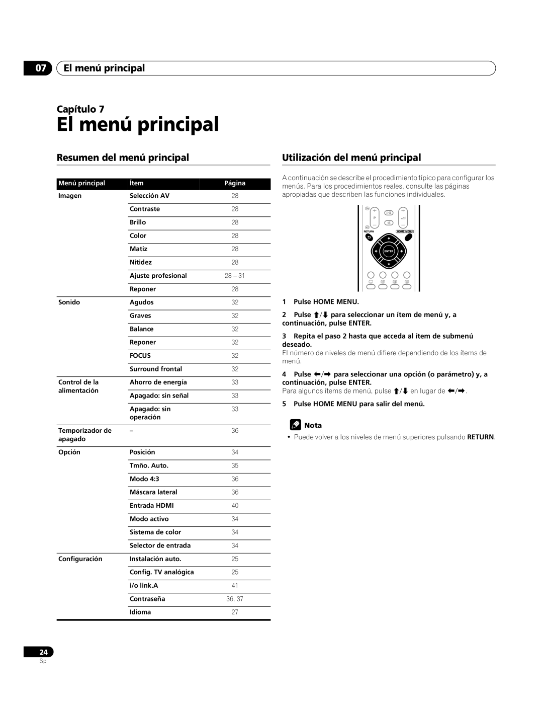 Pioneer PDP-4270XA El menú principal Capítulo, Resumen del menú principal, Utilización del menú principal 