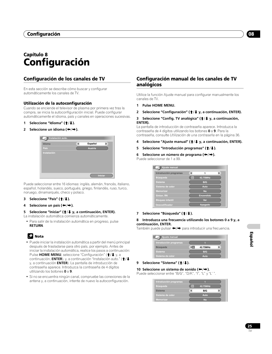 Pioneer PDP-4270XA Configuración Capítulo, Configuración de los canales de TV, Utilización de la autoconfiguración 