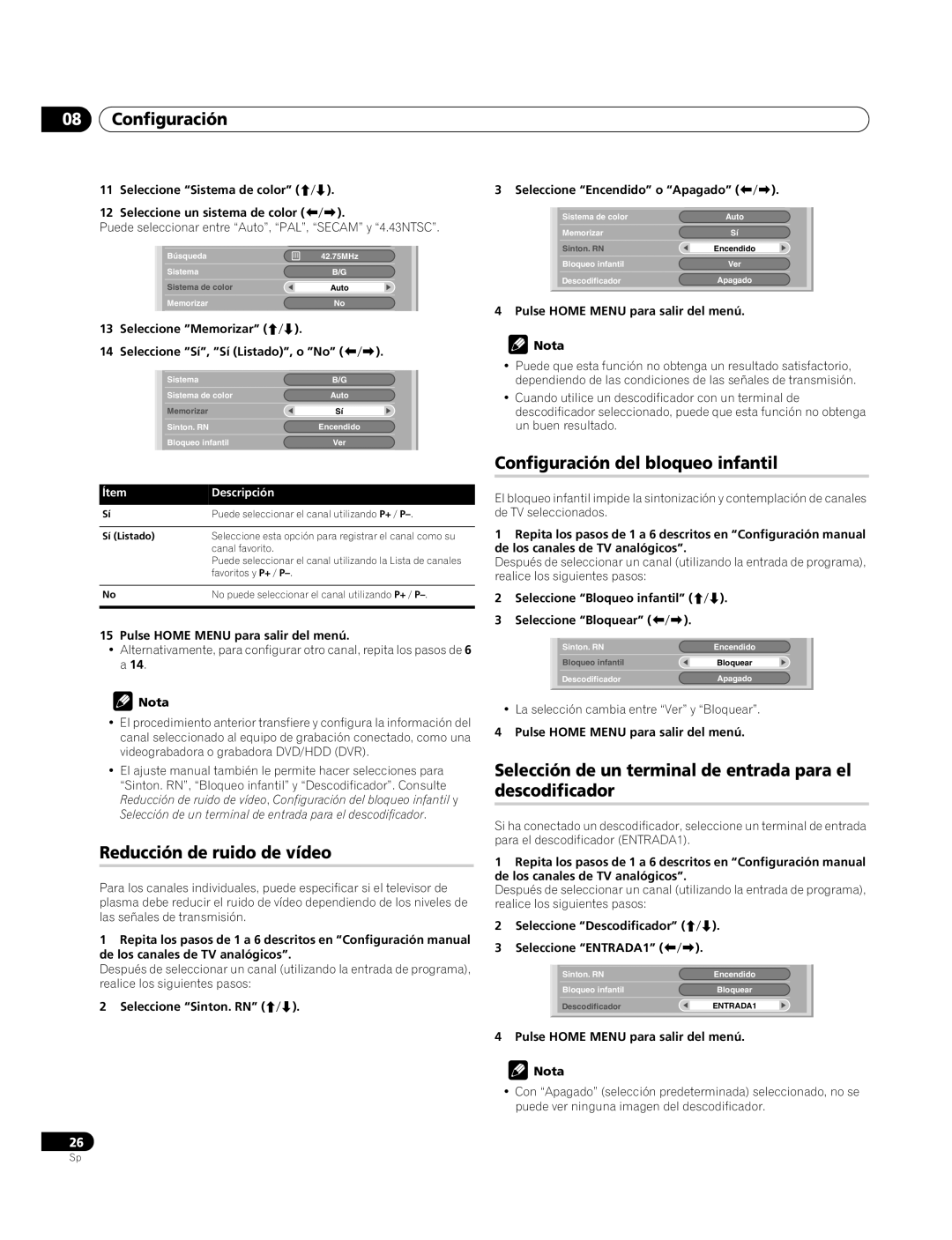 Pioneer PDP-4270XA Reducción de ruido de vídeo, Configuración del bloqueo infantil, Ítem Descripción 