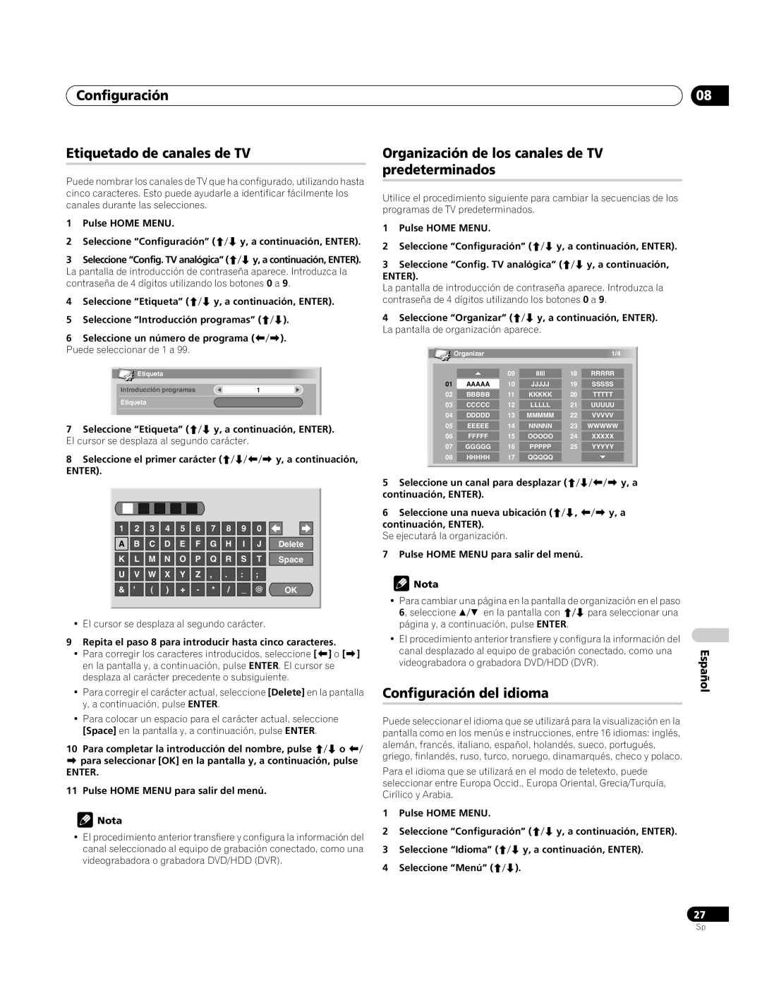 Pioneer PDP-4270XA Configuración Etiquetado de canales de TV, Organización de los canales de TV predeterminados 