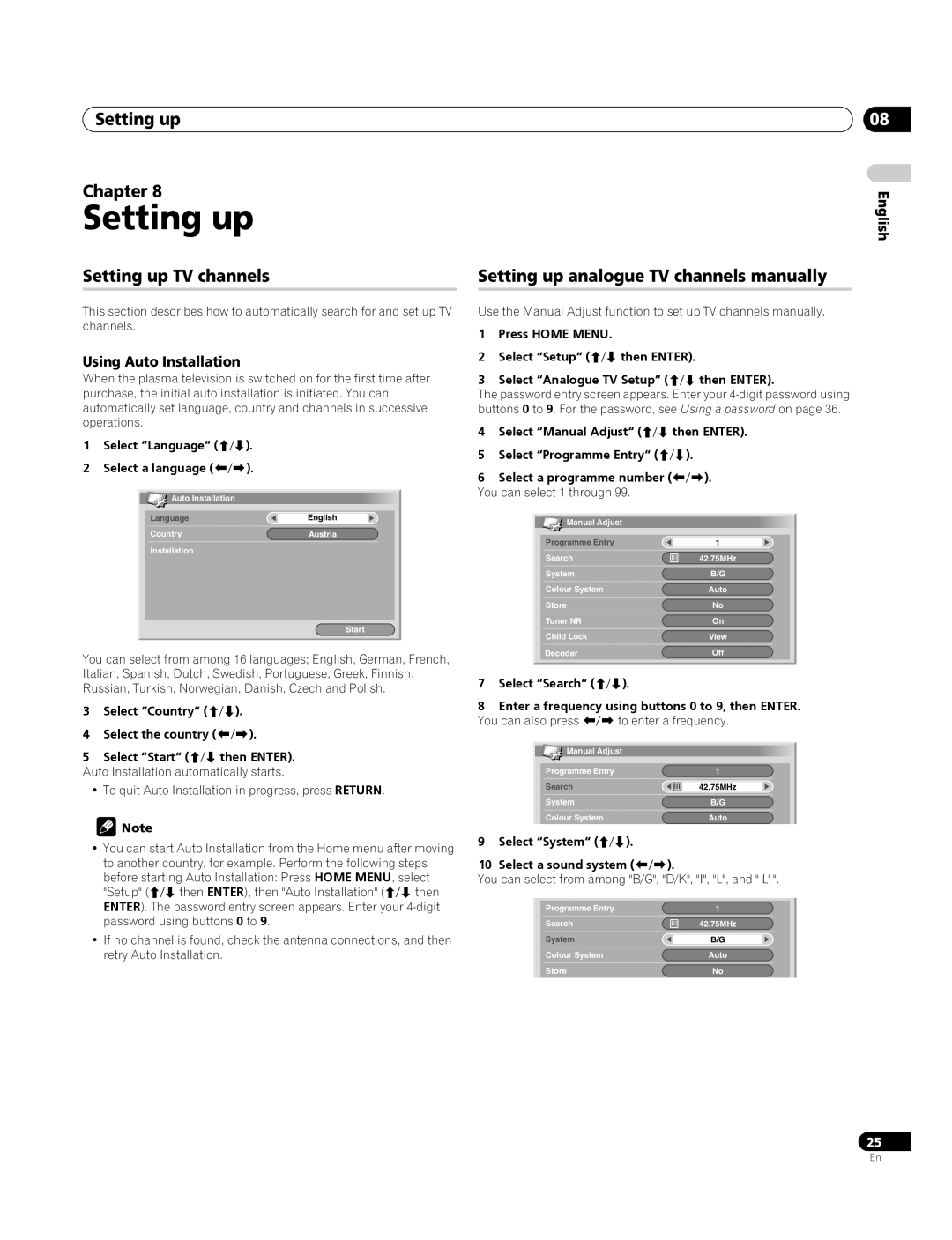 Pioneer PDP-4270XA Setting up Chapter, Setting up TV channels, Setting up analogue TV channels manually 