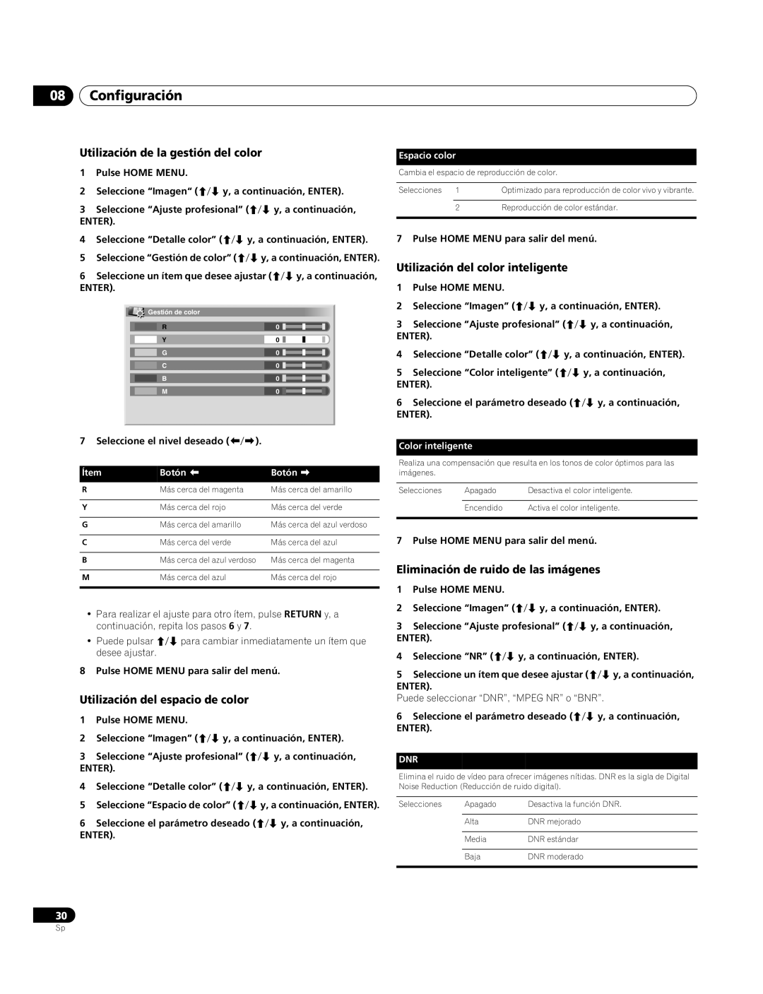 Pioneer PDP-4270XA operating instructions Utilización de la gestión del color, Utilización del color inteligente 