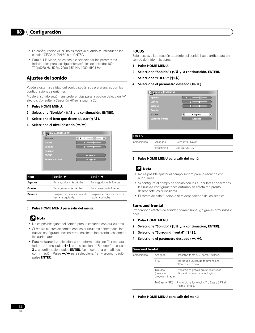 Pioneer PDP-4270XA operating instructions Ajustes del sonido, Surround frontal, Agudos 